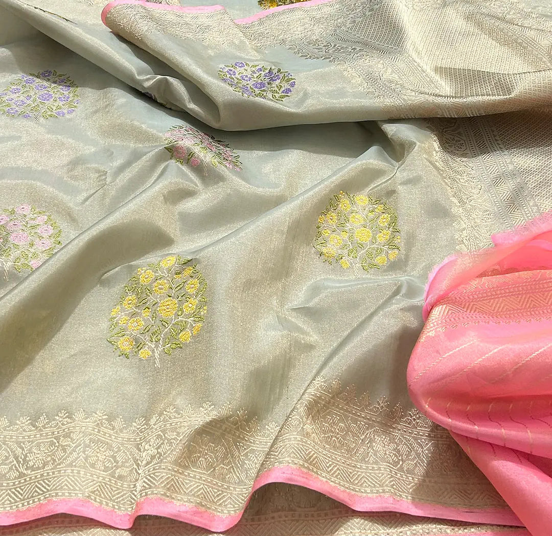 Pure Kora Silk Kadhwa Buta Handloom Banarasi Saree in Sage Green