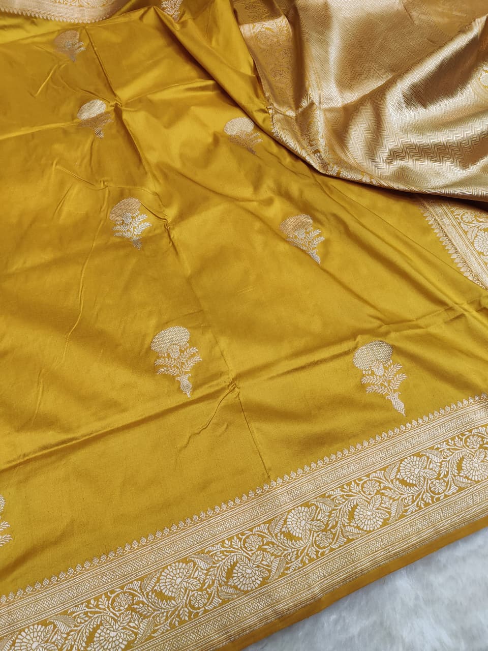 Handloom Banarasi Kadhwa Buta Saree | Pure Katan Silk | Sona Rupa Zari | Mustard Yellow