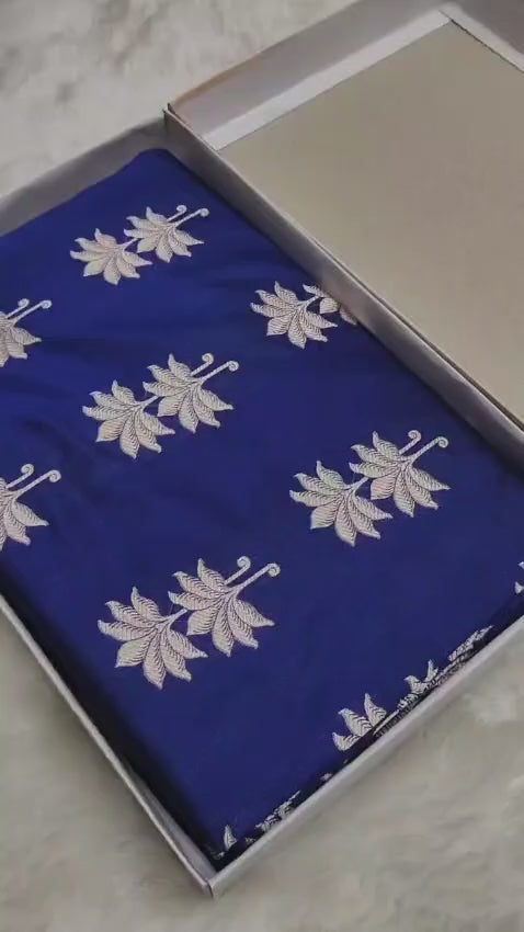 Royal Blue Uppada Buta Pure Katan Silk Banarasi Handwoven Saree — Gold Zari Tree Motifs