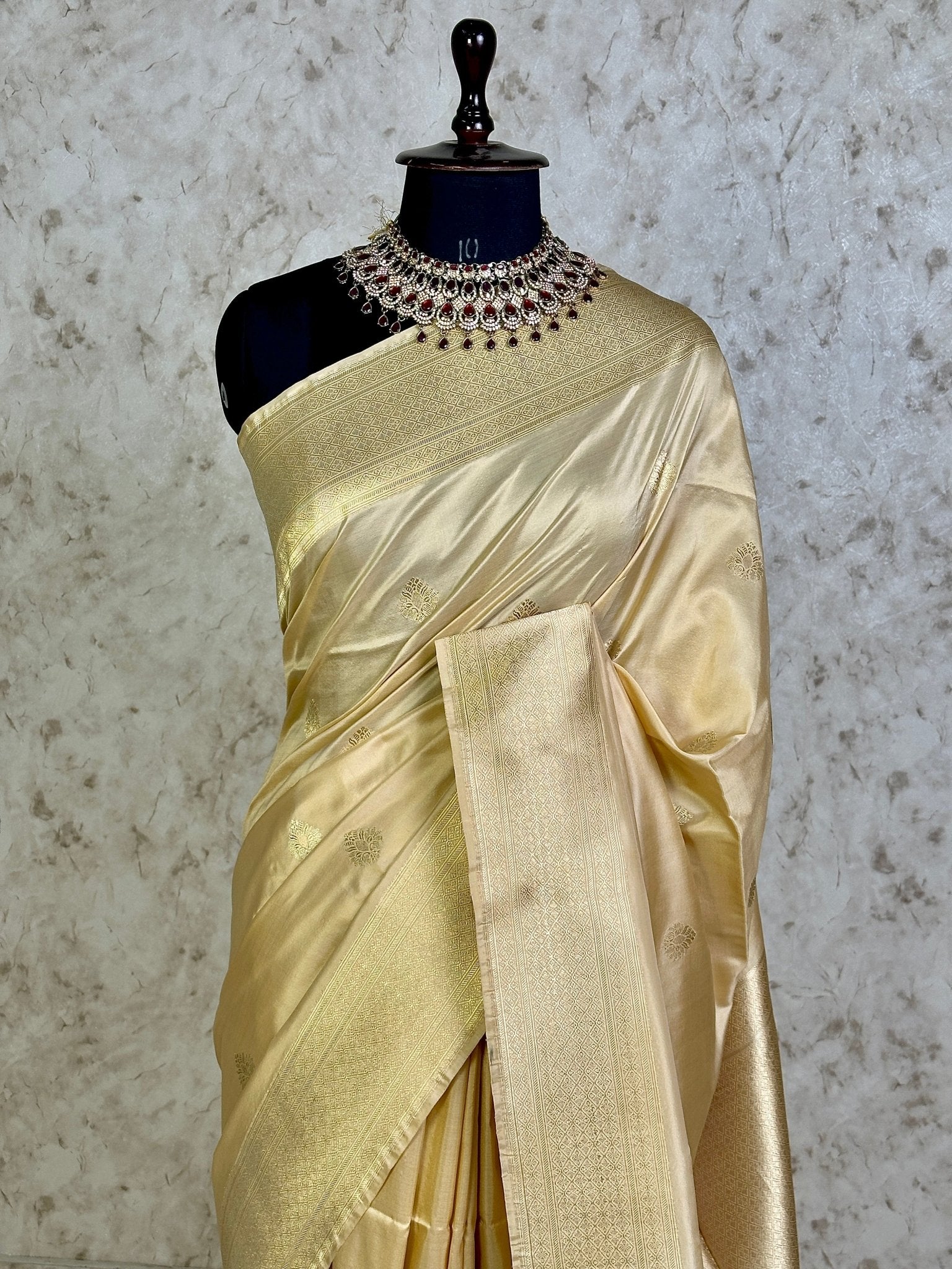 Antique Beige Pure Katan Silk Banarasi Kadhwa Buta Handloom Ektara Weaved Saree with Zari Border - Katan Banaras