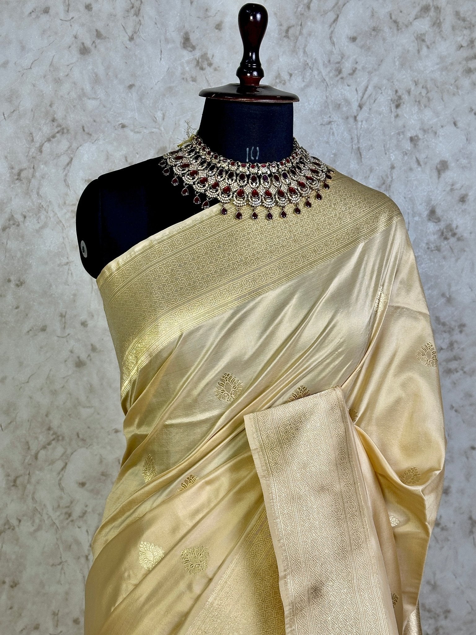 Antique Beige Pure Katan Silk Banarasi Kadhwa Buta Handloom Ektara Weaved Saree with Zari Border - Katan Banaras