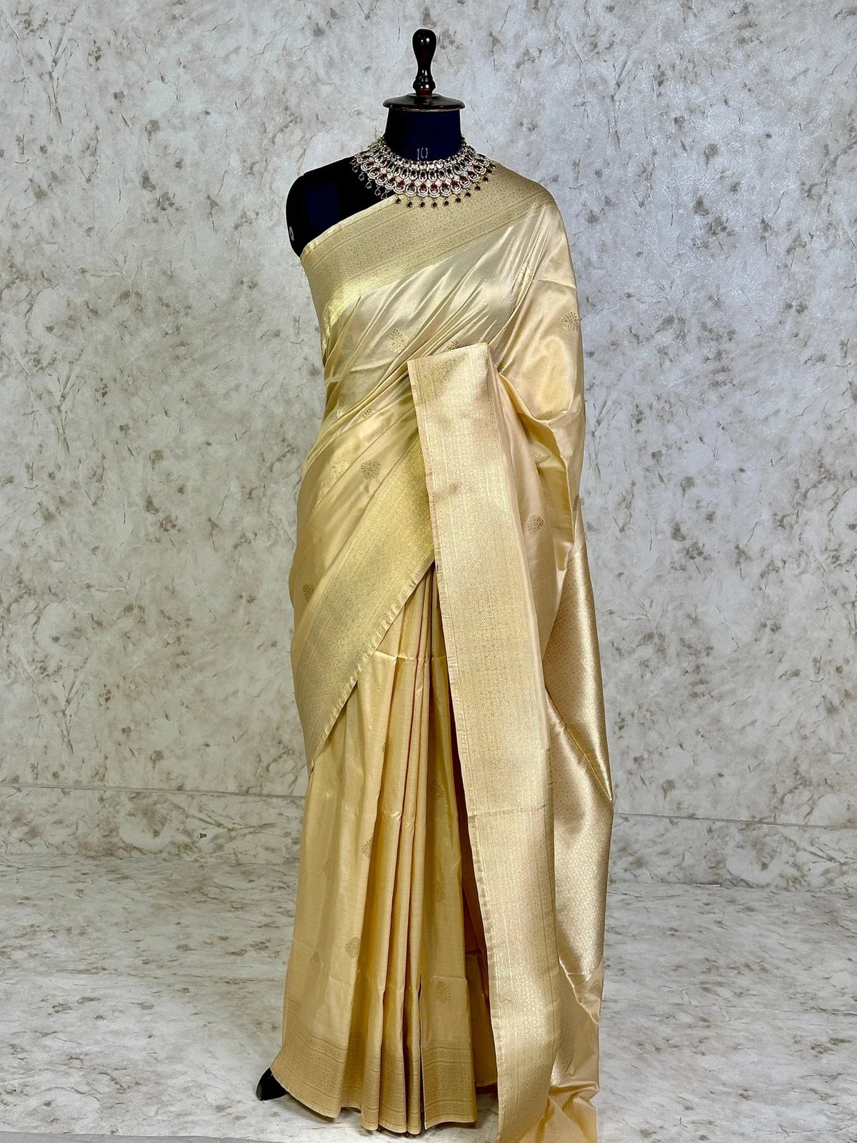 Antique Beige Pure Katan Silk Banarasi Kadhwa Buta Handloom Ektara Weaved Saree with Zari Border - Katan Banaras