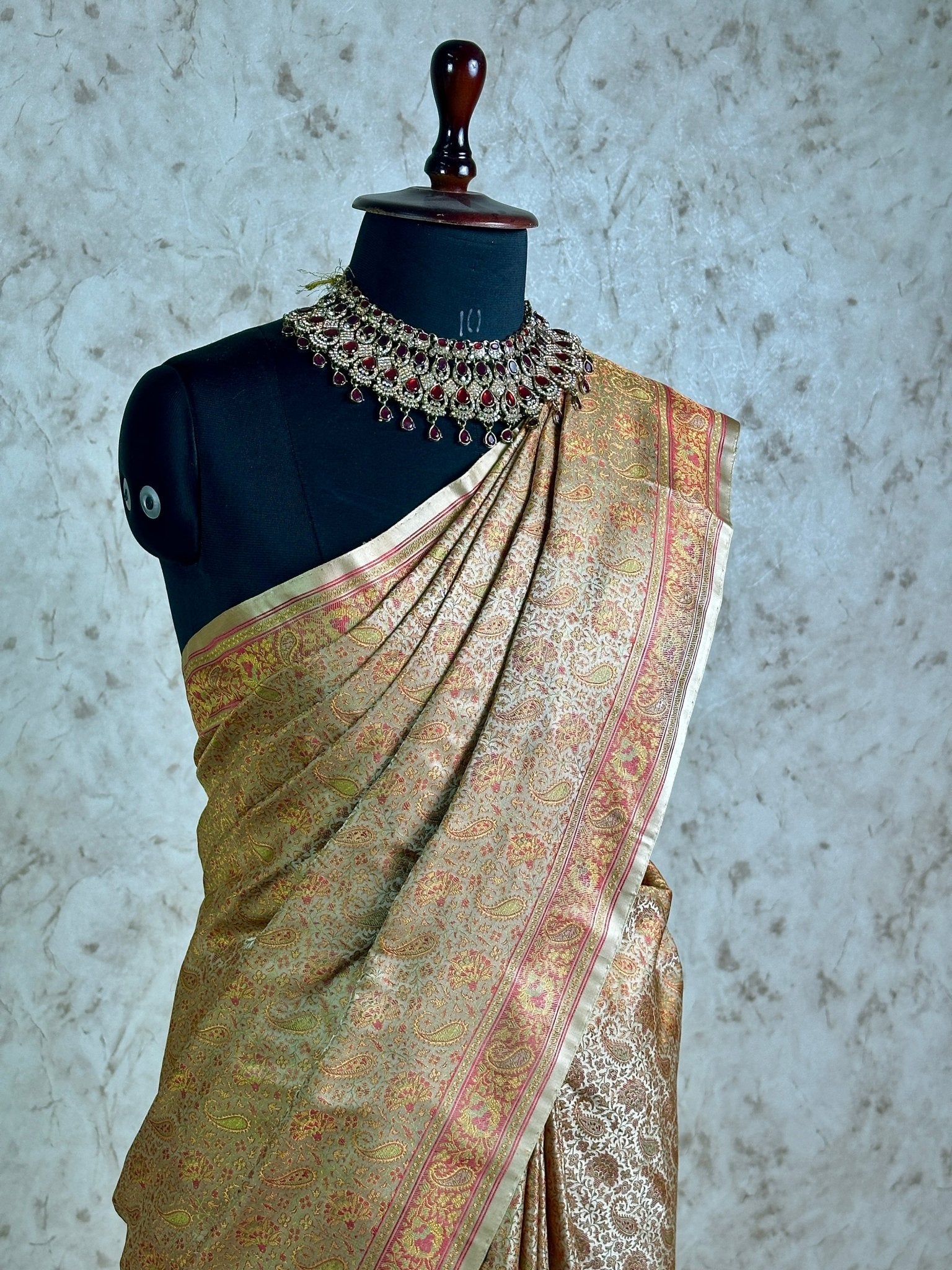 Antique Gold Pure Banarasi Handloom Jamawar Tanchui Kadhwa Interlocked Weaved Saree - Katan Banaras