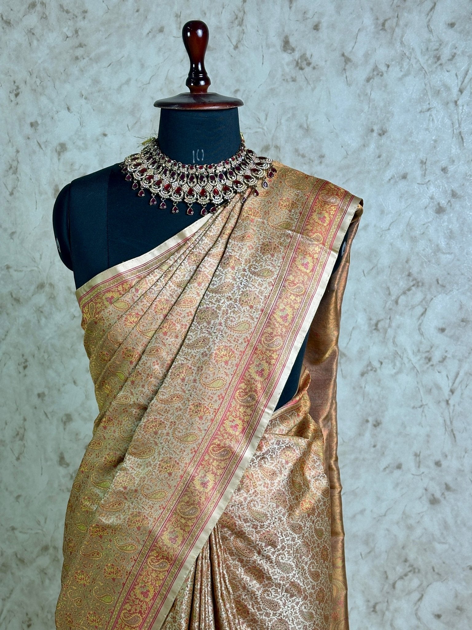 Antique Gold Pure Banarasi Handloom Jamawar Tanchui Kadhwa Interlocked Weaved Saree - Katan Banaras