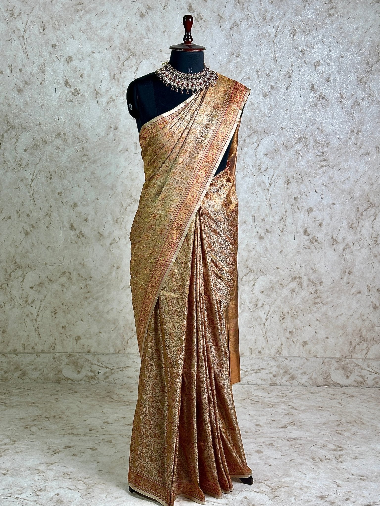 Antique Gold Pure Banarasi Handloom Jamawar Tanchui Kadhwa Interlocked Weaved Saree - Katan Banaras