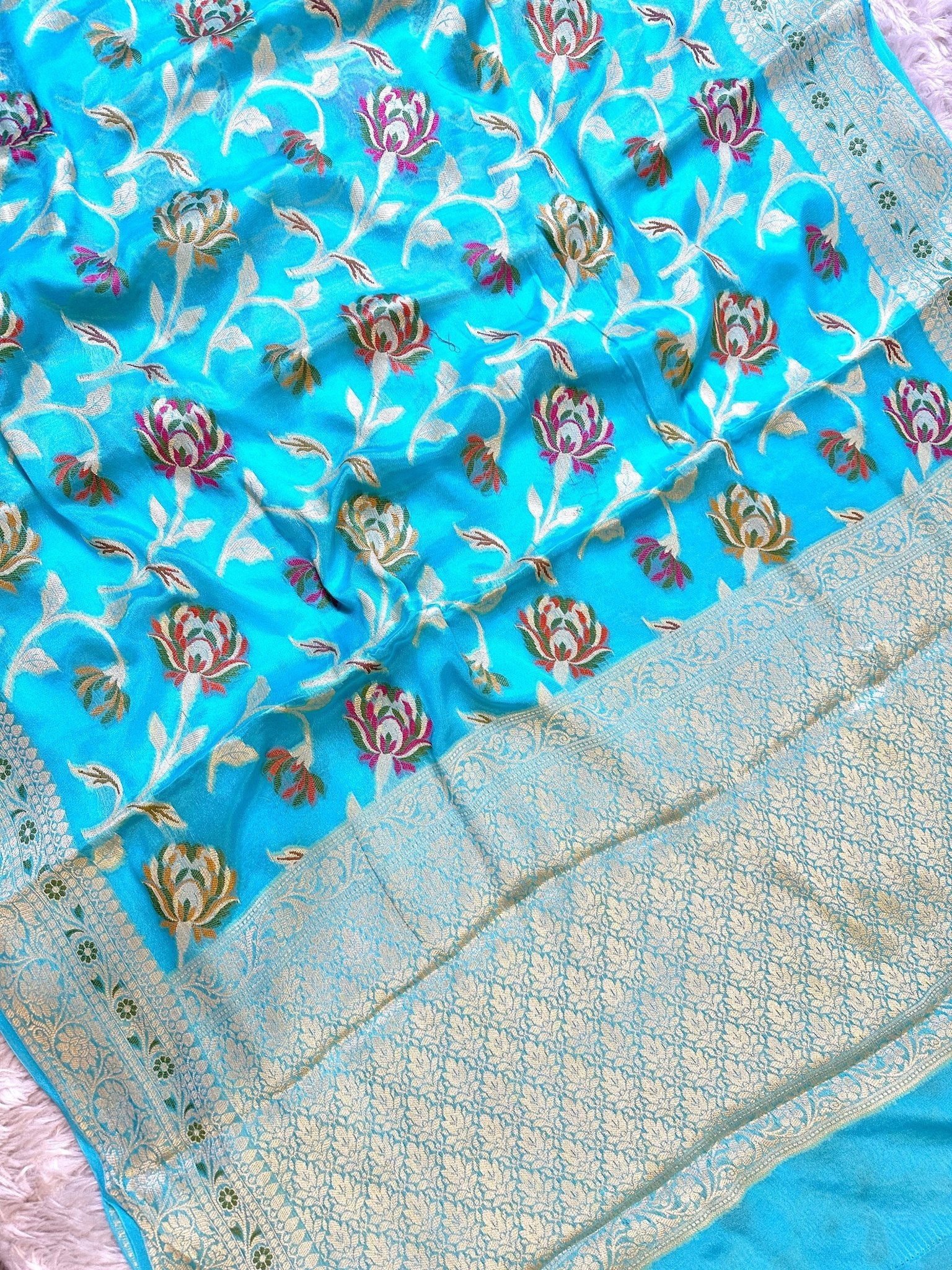 Aqua Blue Pure Chiffon Silk Banarasi Saree with Minakari Design and Zari Border - Katan Banaras