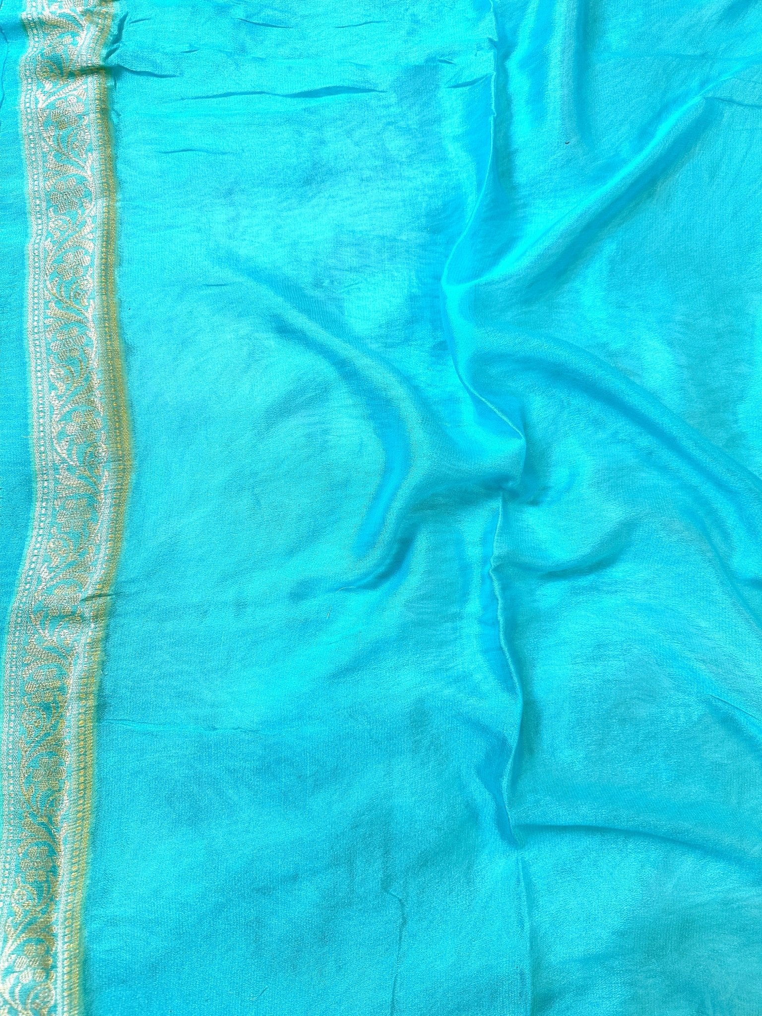 Aqua Blue Pure Chiffon Silk Banarasi Saree with Minakari Design and Zari Border - Katan Banaras