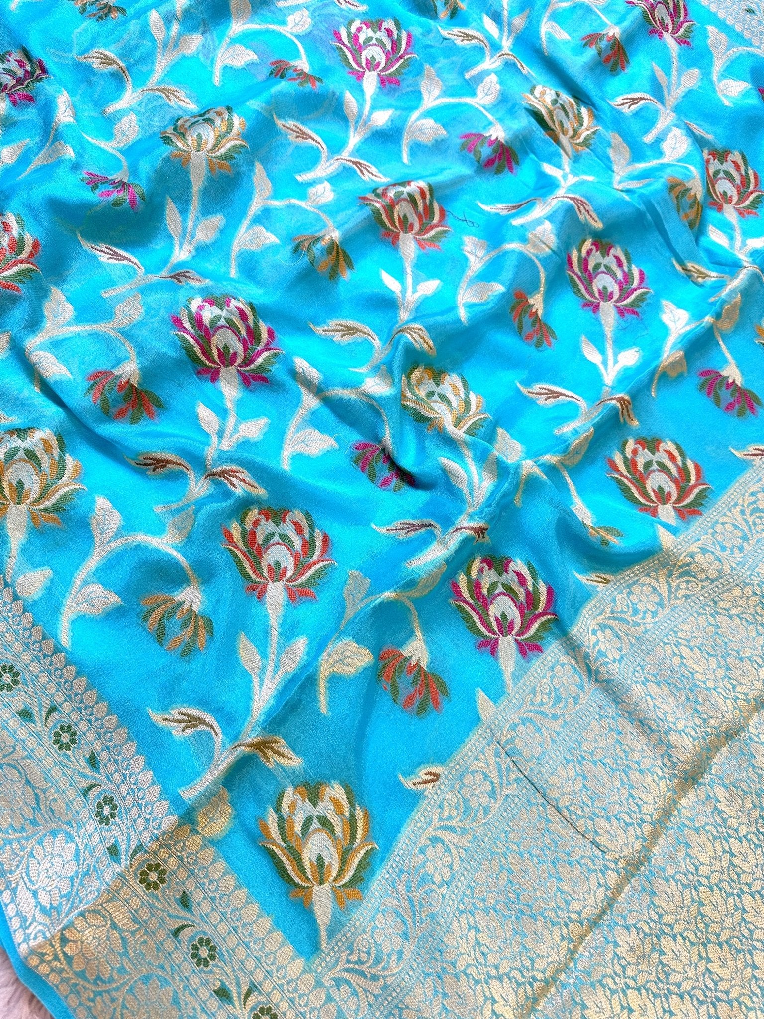 Aqua Blue Pure Chiffon Silk Banarasi Saree with Minakari Design and Zari Border - Katan Banaras