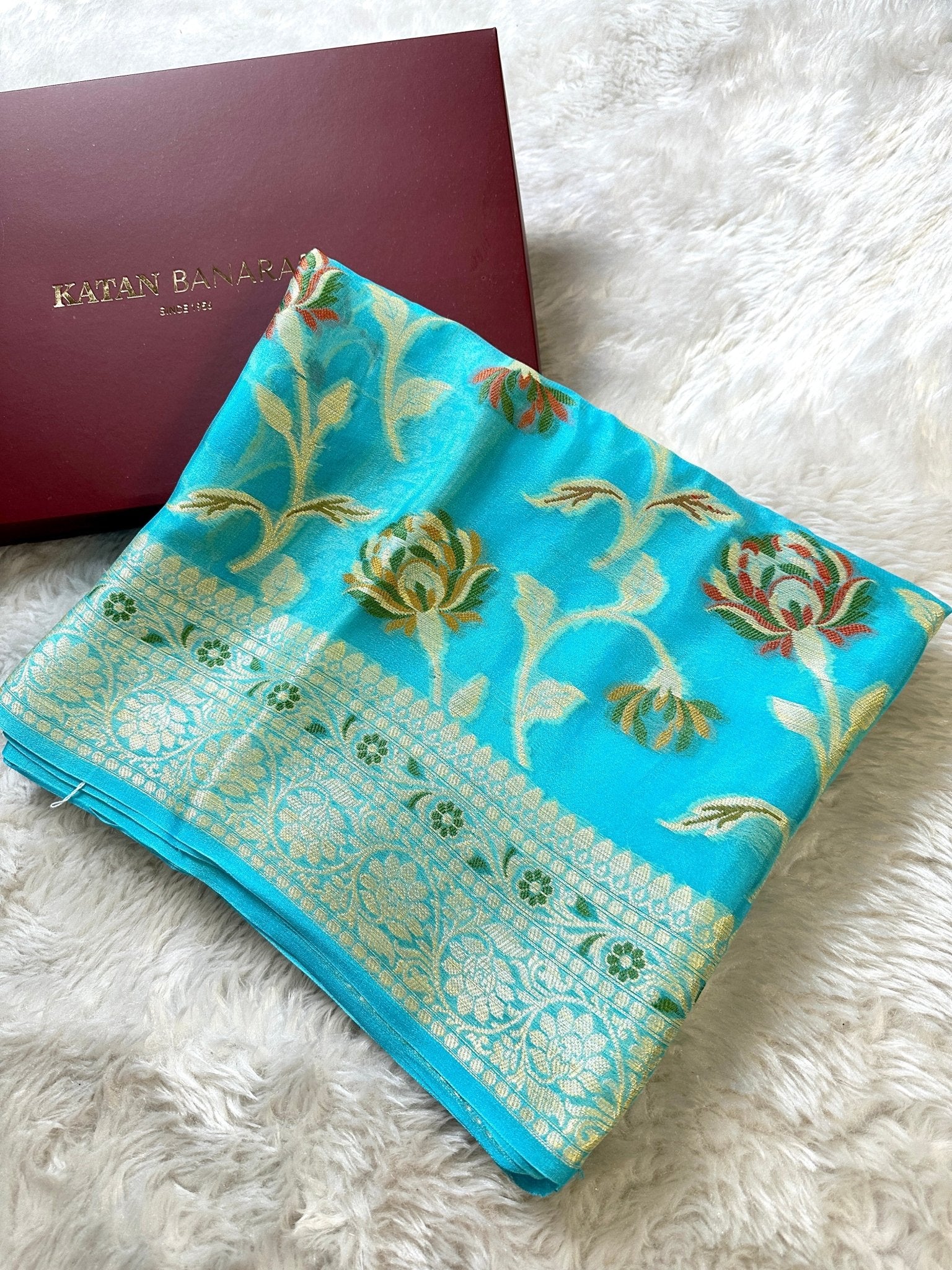 Aqua Blue Pure Chiffon Silk Banarasi Saree with Minakari Design and Zari Border - Katan Banaras