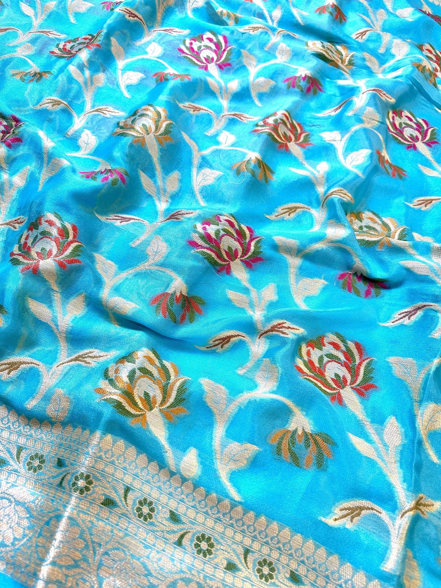Aqua Blue Pure Chiffon Silk Banarasi Saree with Minakari Design and Zari Border - Katan Banaras