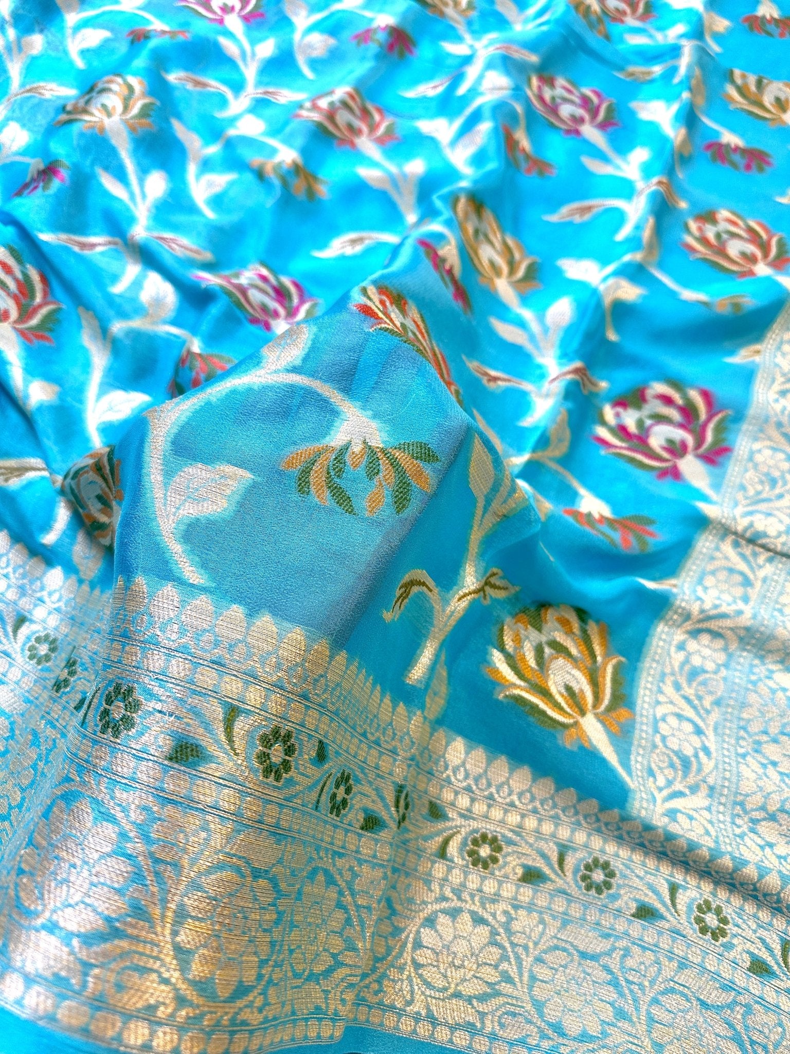 Aqua Blue Pure Chiffon Silk Banarasi Saree with Minakari Design and Zari Border - Katan Banaras