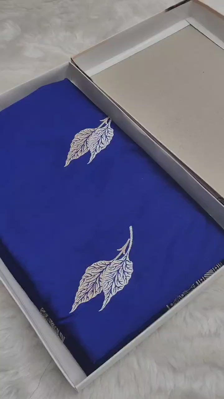 Pure Katan Silk Kadhwa Buta Handloom Banarasi Saree in Blue | Sona Rupa Gold & Silver Zari