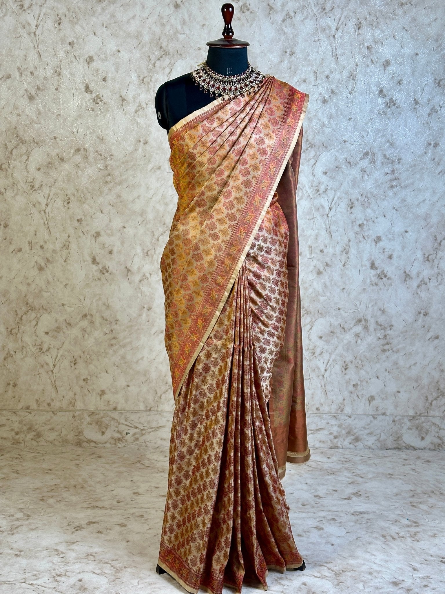 Beige Gold Pure Banarasi Handloom Jamawar Tanchui Kadhwa Interlocked Weaved Saree - Katan Banaras