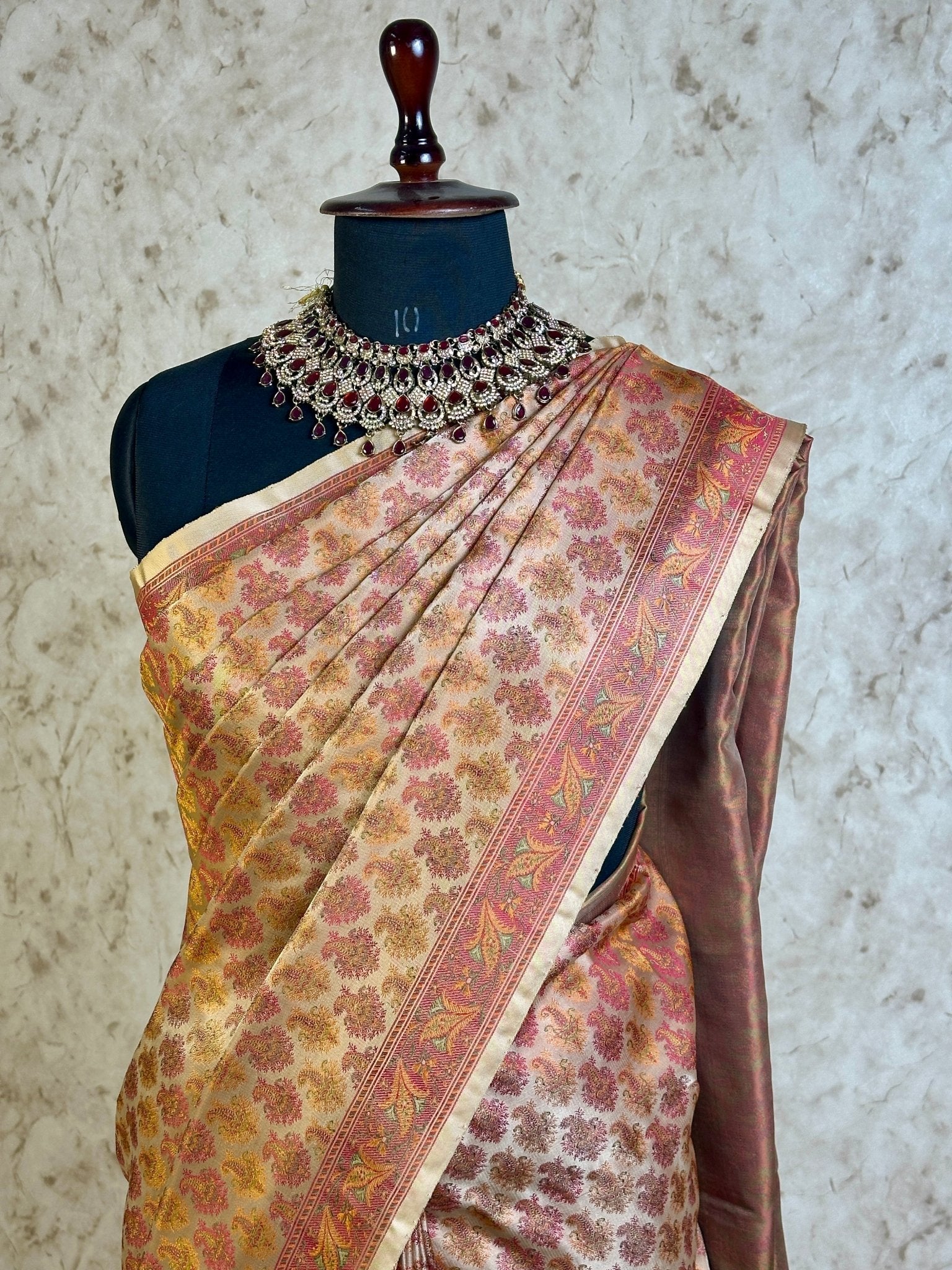 Beige Gold Pure Banarasi Handloom Jamawar Tanchui Kadhwa Interlocked Weaved Saree - Katan Banaras