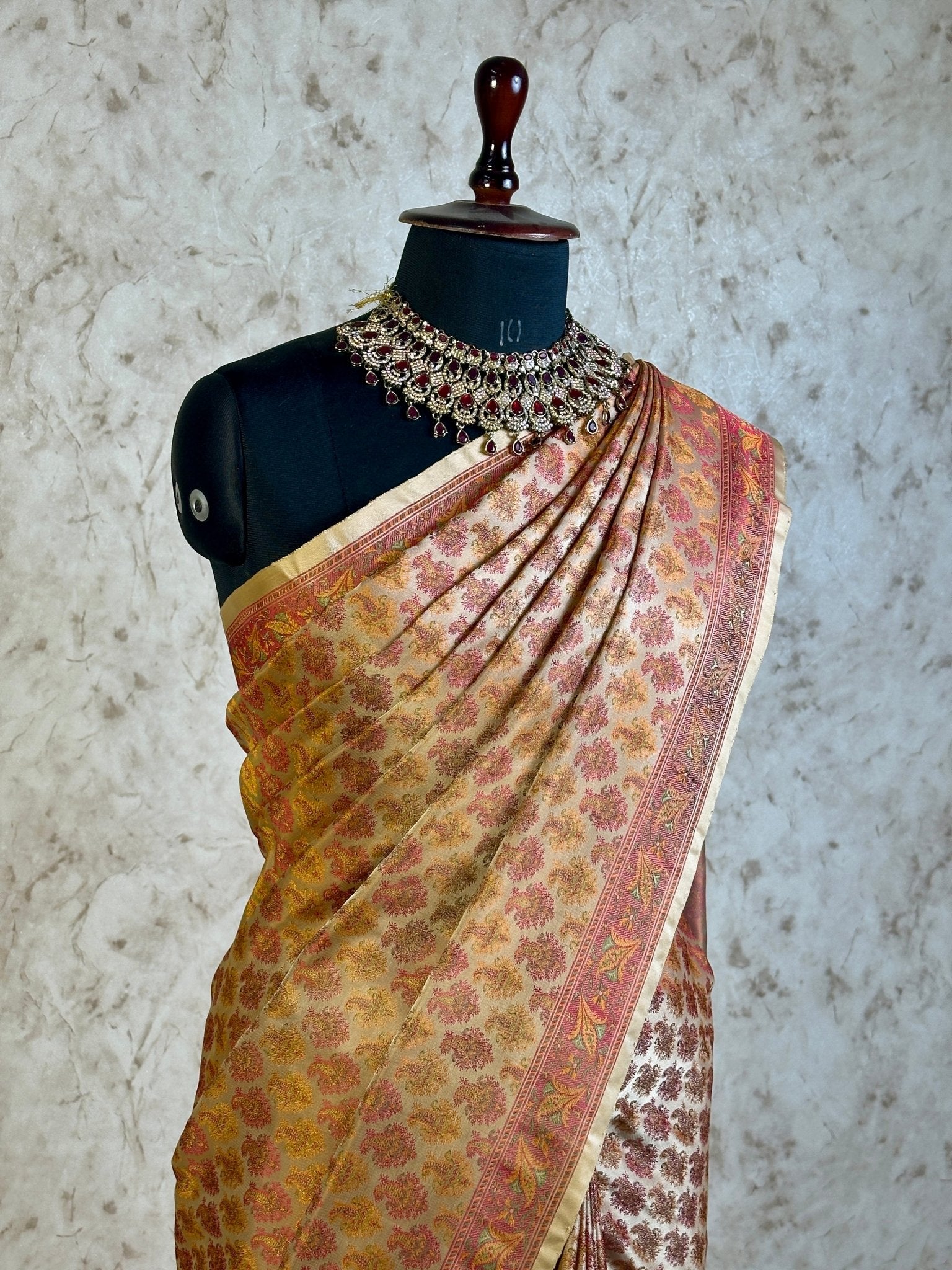 Beige Gold Pure Banarasi Handloom Jamawar Tanchui Kadhwa Interlocked Weaved Saree - Katan Banaras