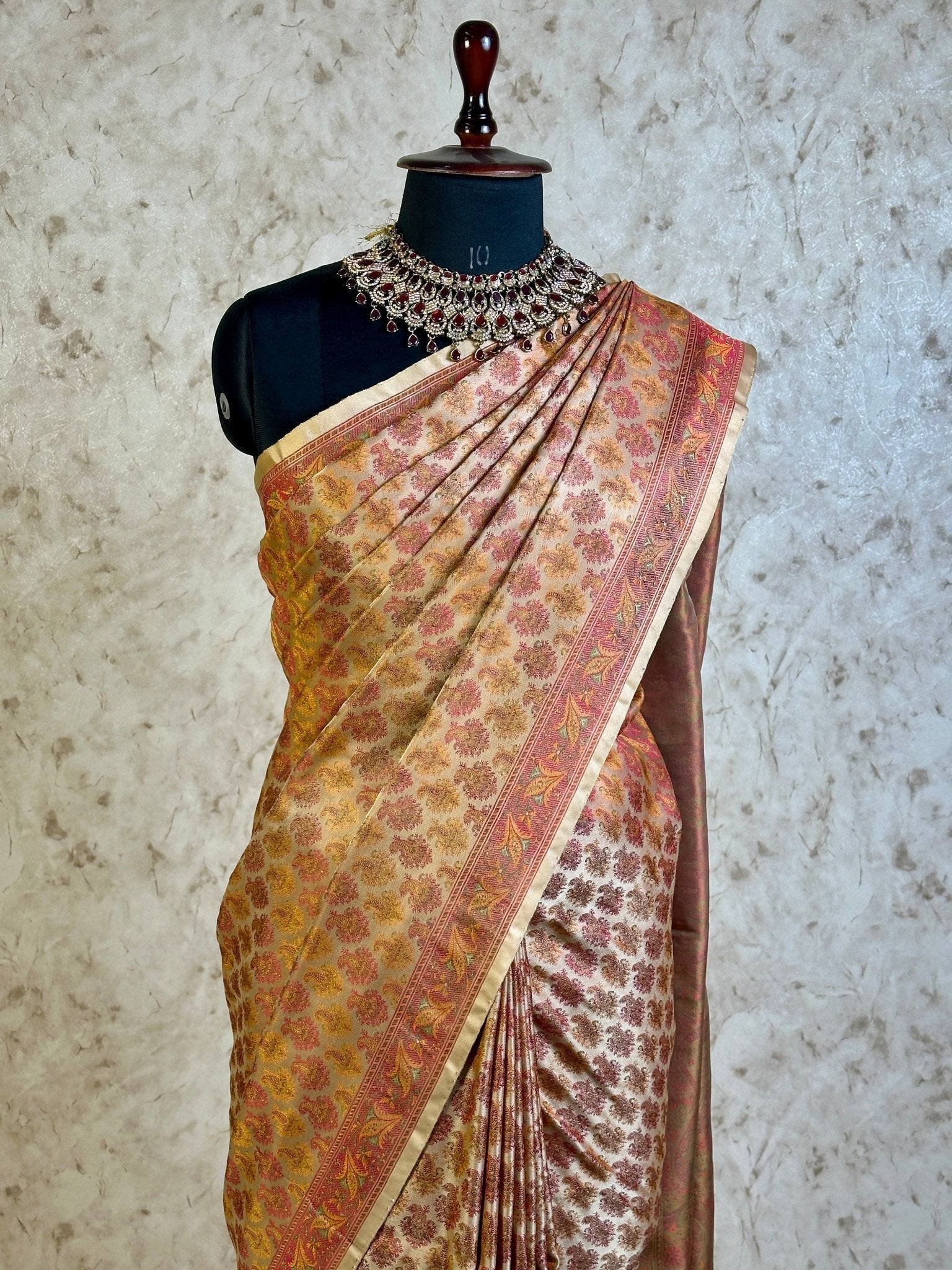 Beige Gold Pure Banarasi Handloom Jamawar Tanchui Kadhwa Interlocked Weaved Saree - Katan Banaras
