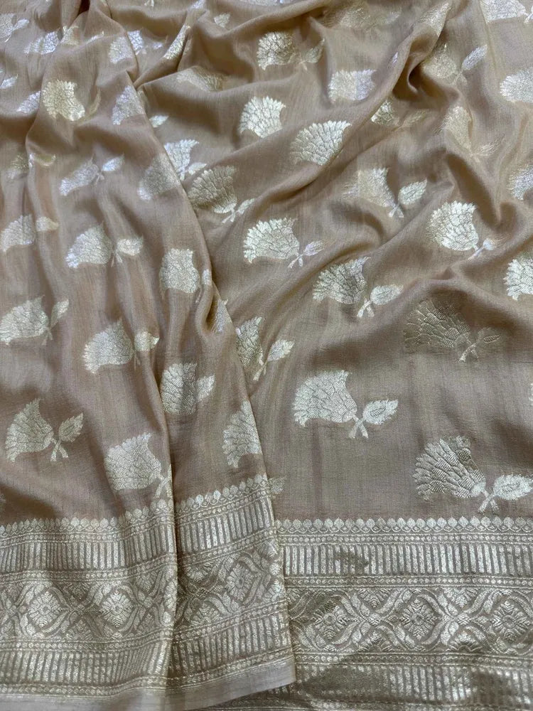 Beige Pure Moonga Silk Banarasi Saree with Pure Gold Zari Weave - front view | Pure Moonga Silk Banarasi Saree