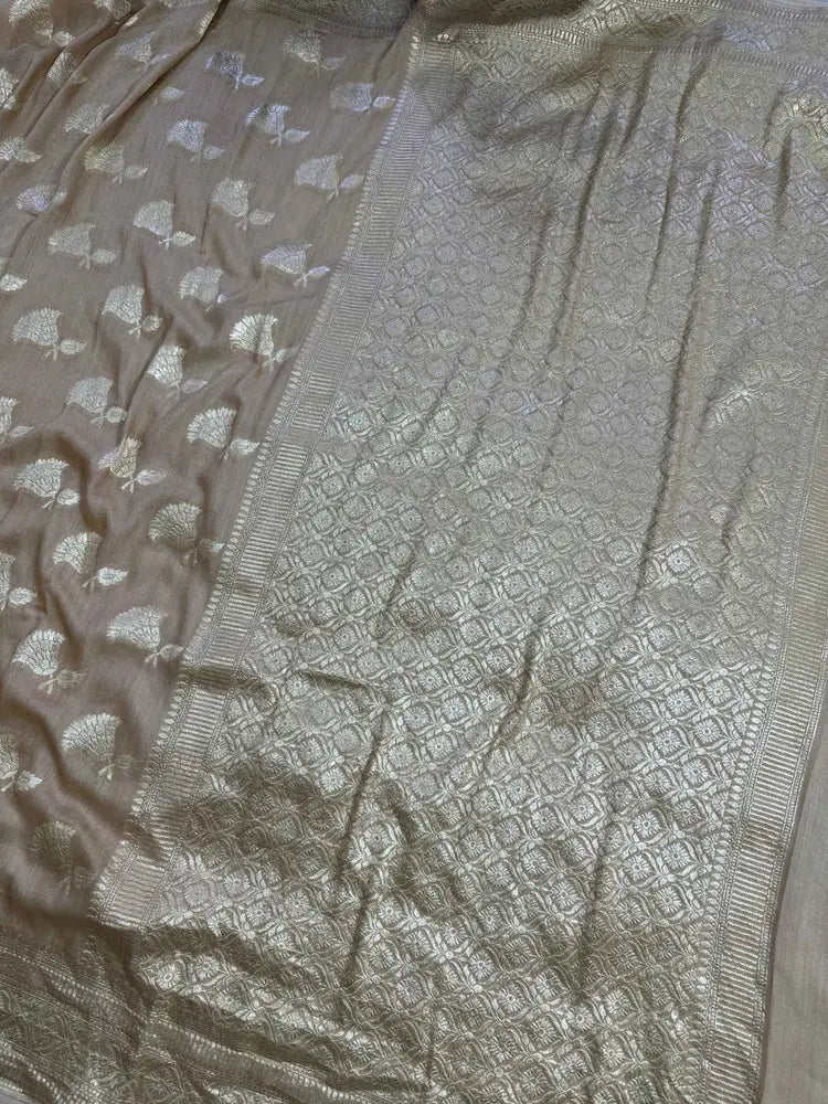 Beige Pure Moonga Silk Banarasi Saree with Pure Gold Zari Weave - pallu closeup | Pure Moonga Silk Banarasi Saree