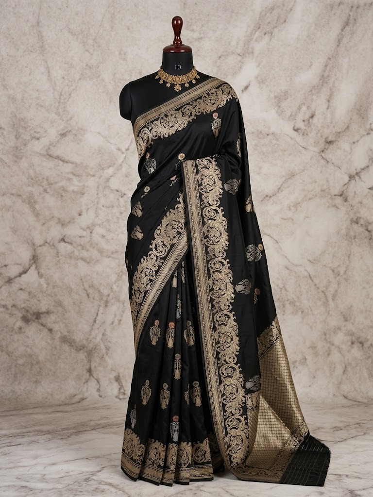 Pure Katan Silk Kadhwa Buta Banarasi Saree | Sona Rupa Zari & Tilfi Minakari | Black