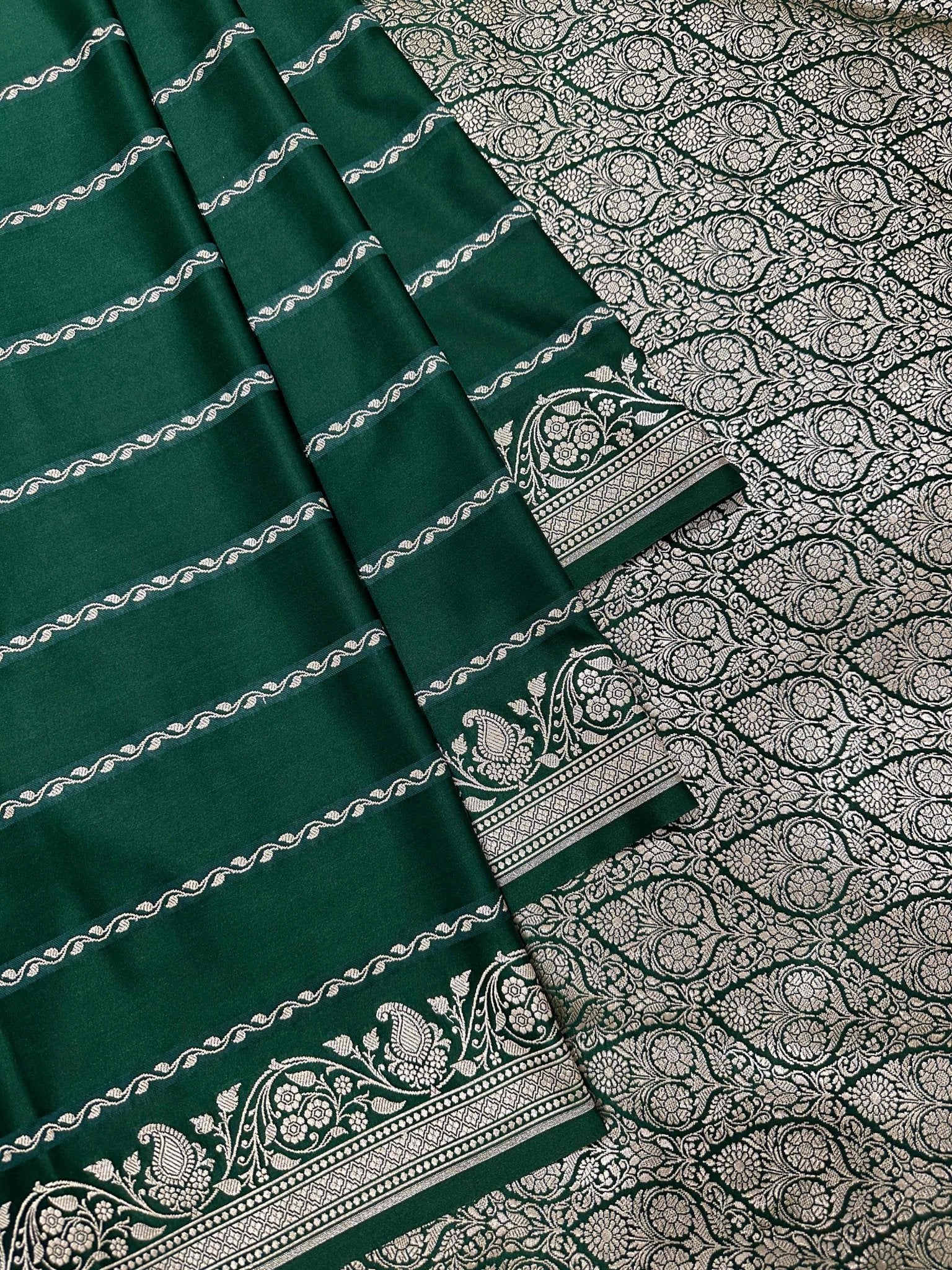 Bottle Green Mashru Silk Stripe Design Zari Border Brocade Aanchal Saree - Katan Banaras
