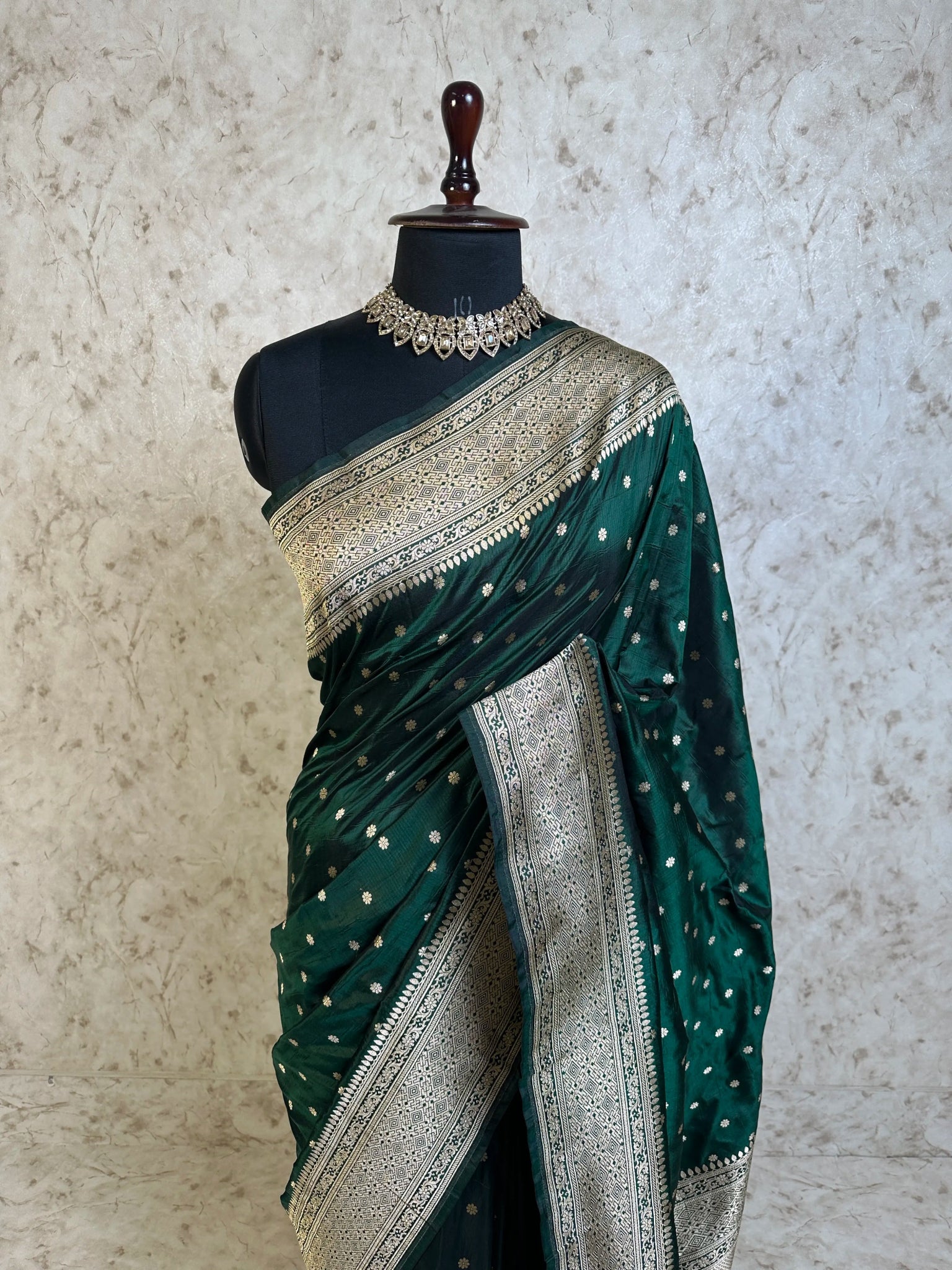 Bottle Green Pure Katan Silk Banarasi Saree with Silver Zari Buti & Traditional Geometric Border - Katan Banaras