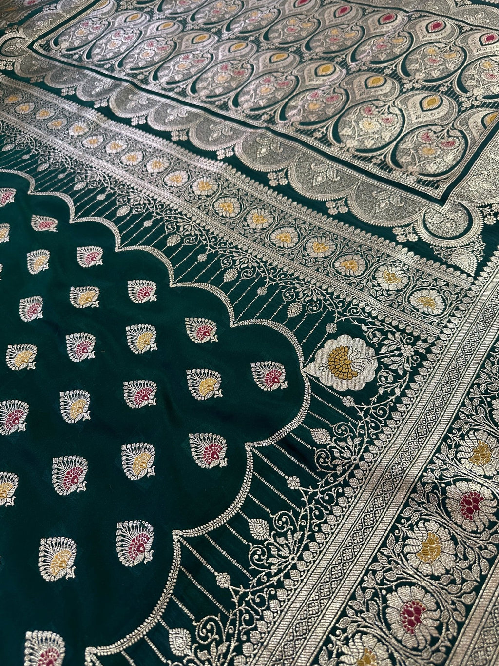 Bottle Green Satin Silk Banarasi Saree with Designer Zari - Katan Banaras