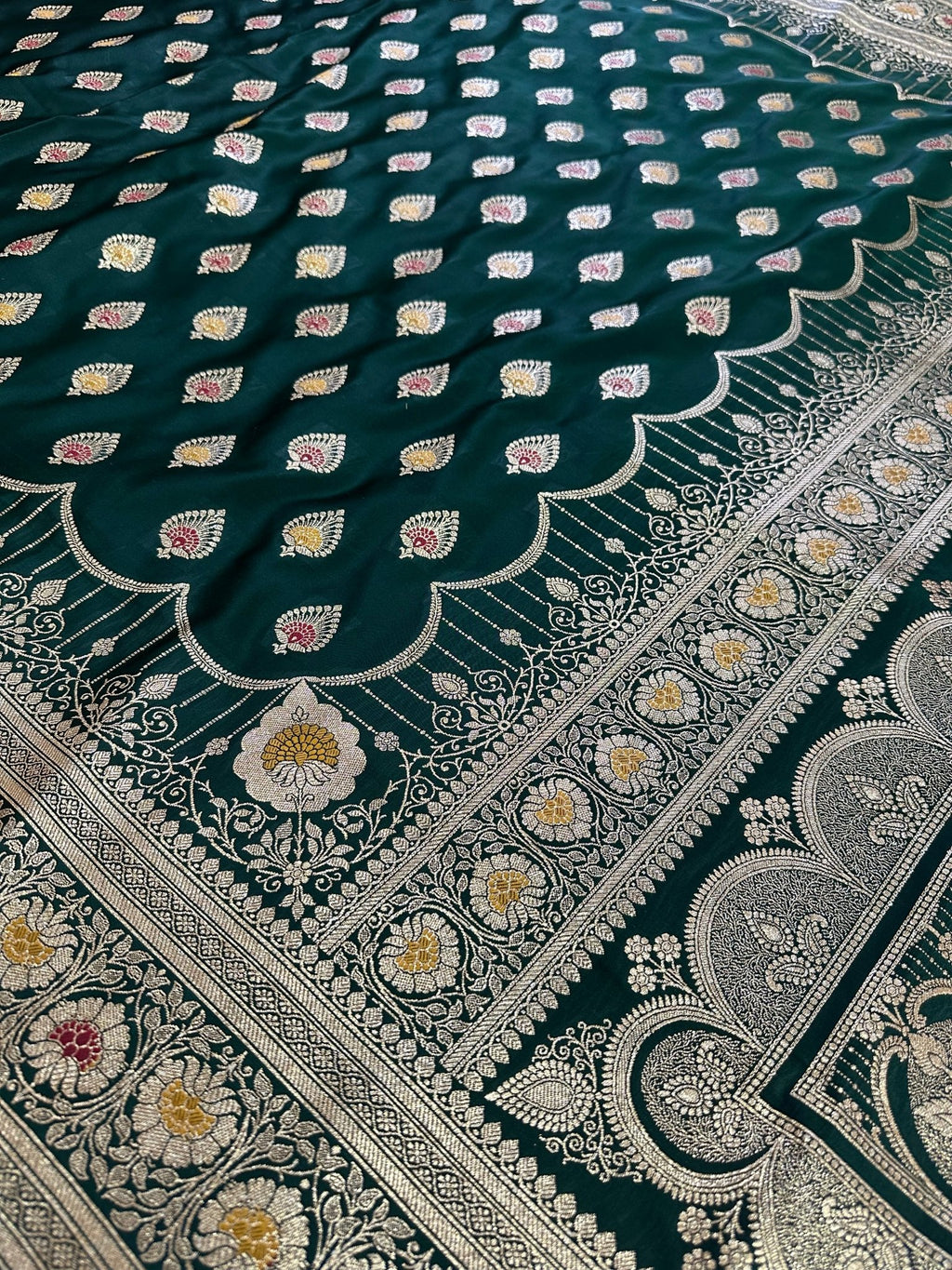 Bottle Green Satin Silk Banarasi Saree with Designer Zari - Katan Banaras