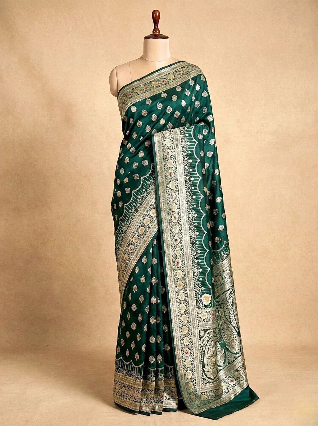 Bottle Green Satin Silk Banarasi Saree with Designer Zari - Katan Banaras