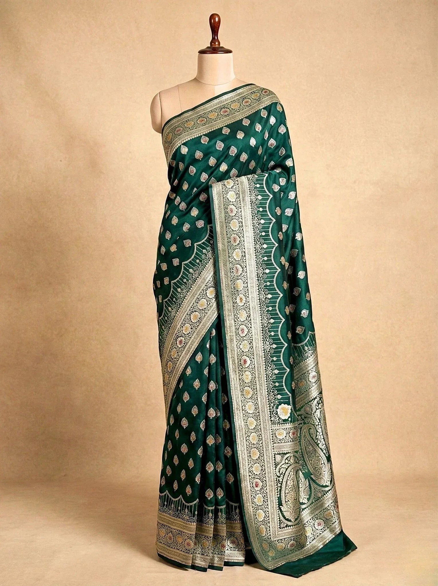 Bottle Green Satin Silk Banarasi Saree with Designer Zari - Katan Banaras
