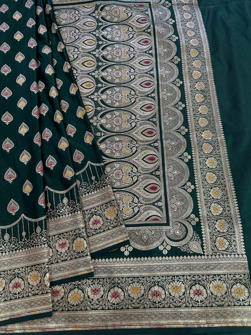 Bottle Green Satin Silk Banarasi Saree with Designer Zari - Katan Banaras