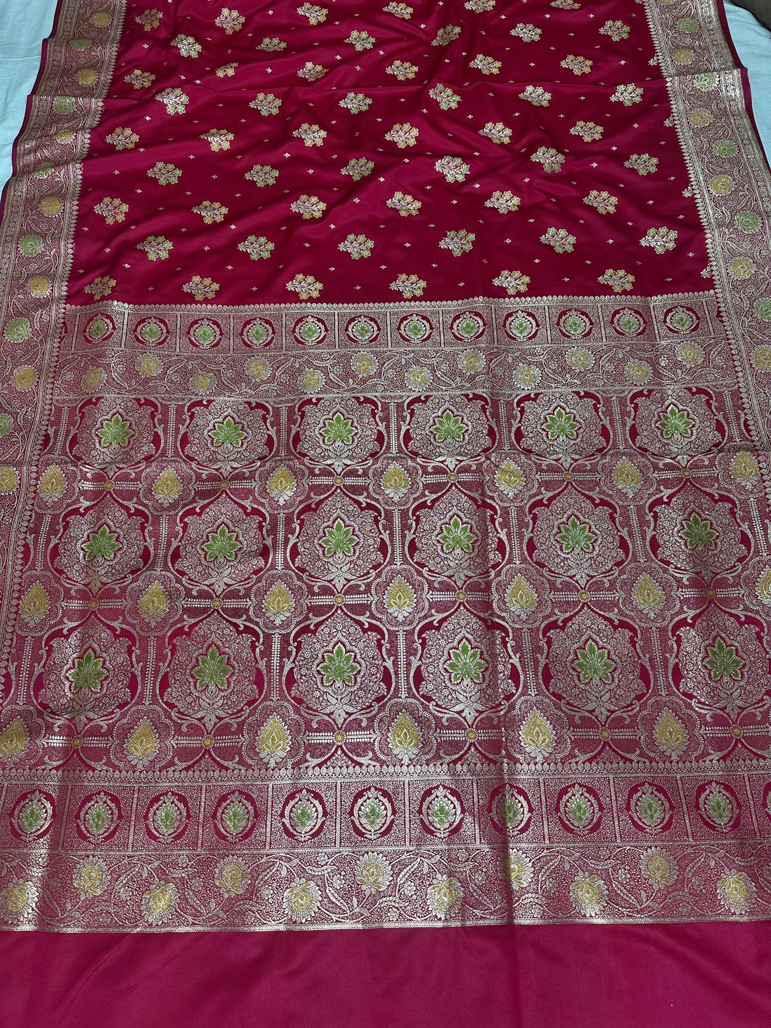 Bridal Red Dual - Tone Satin Silk Banarasi Saree with Designer Zari and Mughal - Inspired Aanchal - Katan Banaras