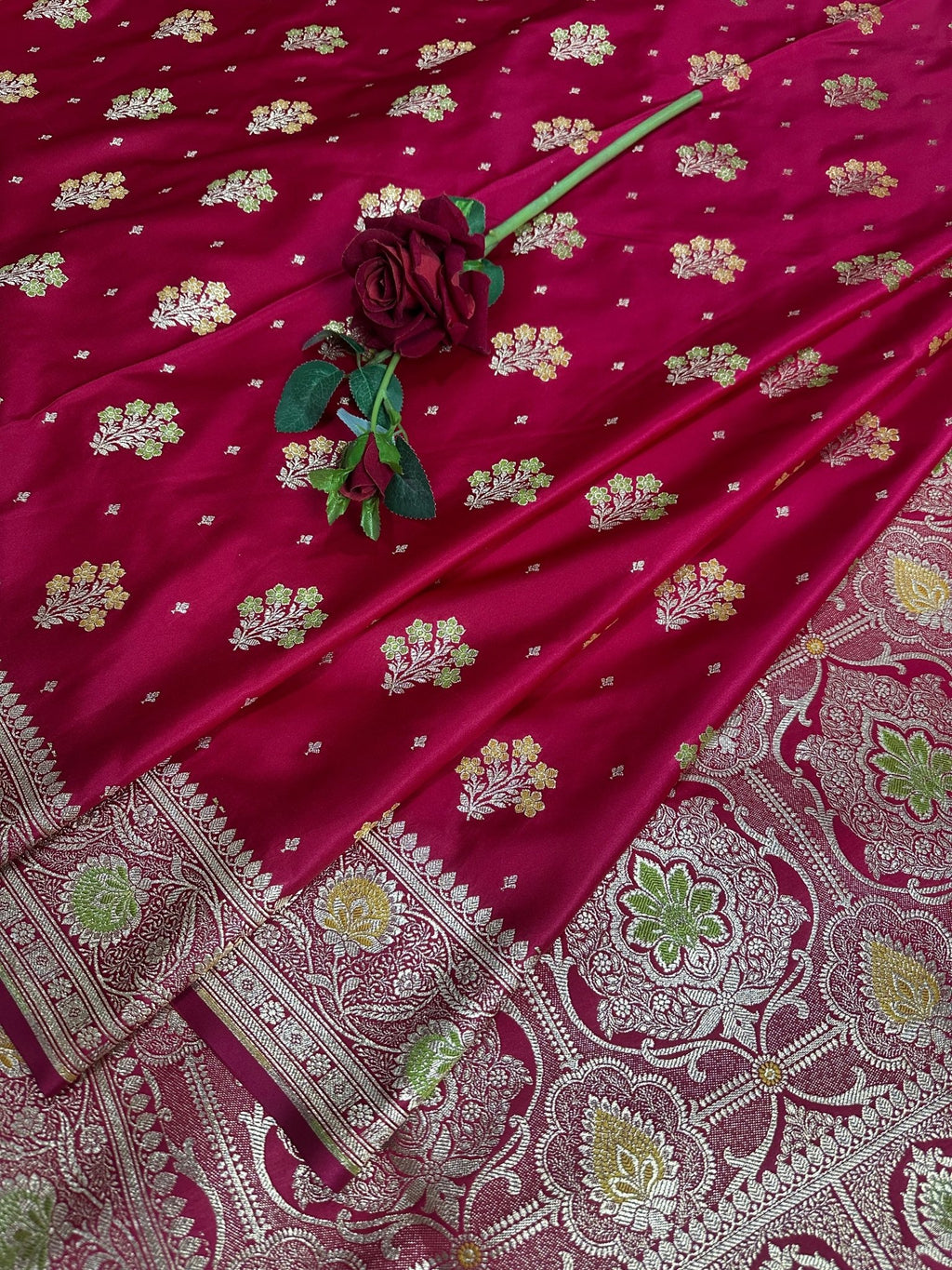 Bridal Red Dual - Tone Satin Silk Banarasi Saree with Designer Zari and Mughal - Inspired Aanchal - Katan Banaras