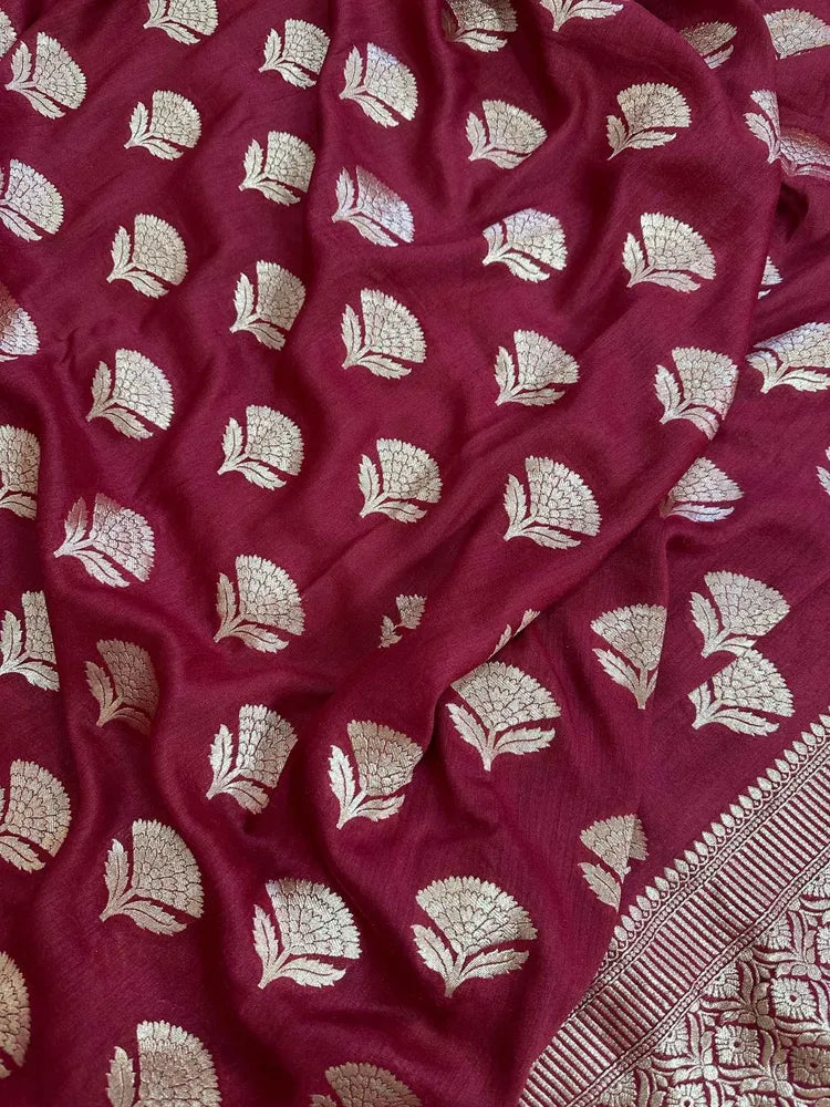 Bridal Red Pure Moonga Silk Banarasi Saree with Pure Gold Zari and Uppada Weave - drape side view | Pure Moonga Silk Banarasi Saree