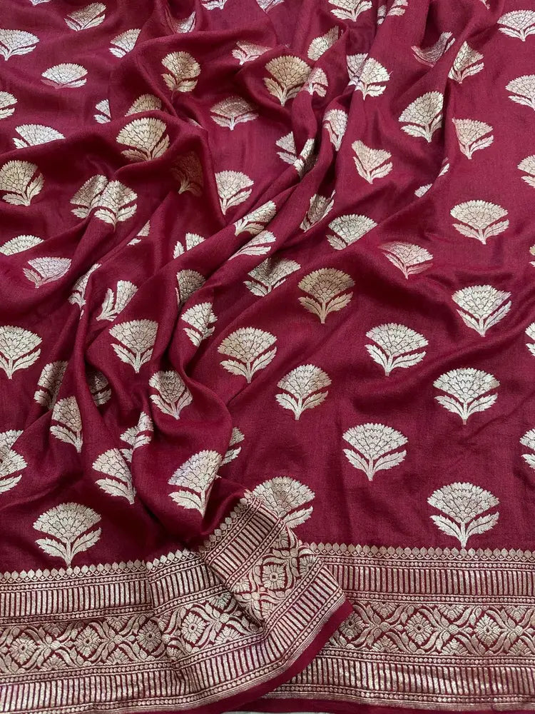 Bridal Red Pure Moonga Silk Banarasi Saree with Pure Gold Zari and Uppada Weave - front view | Pure Moonga Silk Banarasi Saree