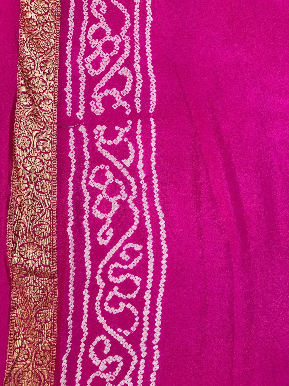 Bright Pink Pure Khaddi Georgette Bandhani Saree with Banarasi Zari Border - Katan Banaras