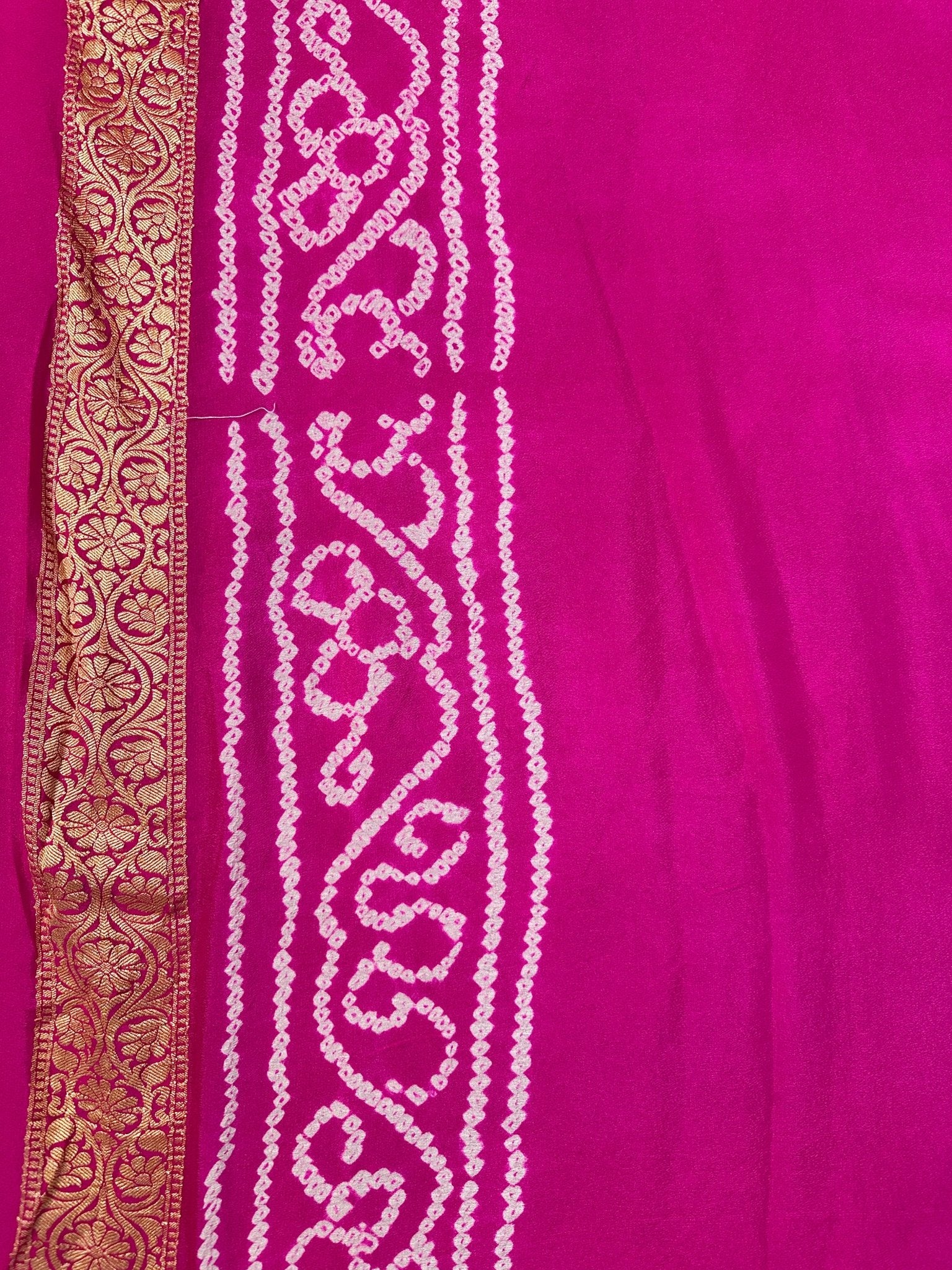 Bright Pink Pure Khaddi Georgette Bandhani Saree with Banarasi Zari Border - Katan Banaras