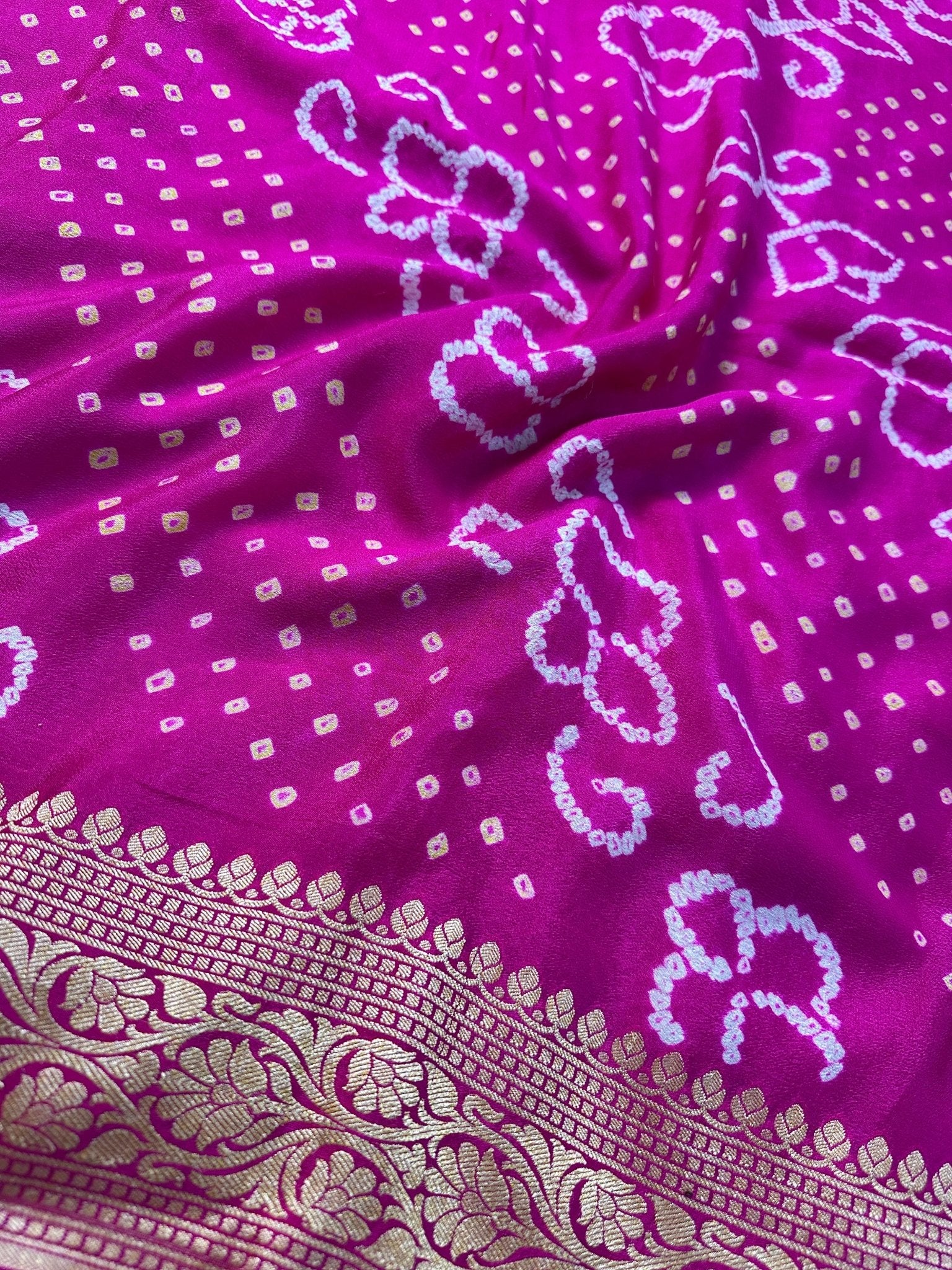 Bright Pink Pure Khaddi Georgette Bandhani Saree with Banarasi Zari Border - Katan Banaras