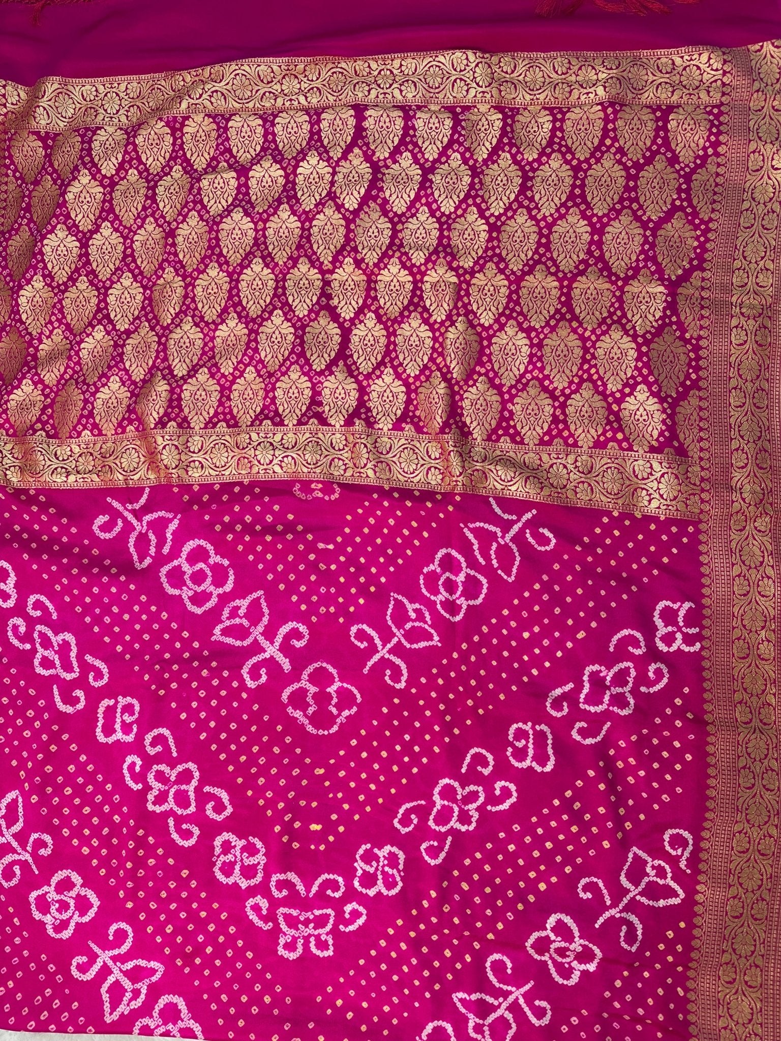 Bright Pink Pure Khaddi Georgette Bandhani Saree with Banarasi Zari Border - Katan Banaras