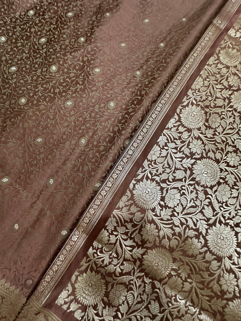 Timeless Charm Brown Mashru Silk Banarasi Saree with Zari Border & Brocade Aanchal - Katan Banaras