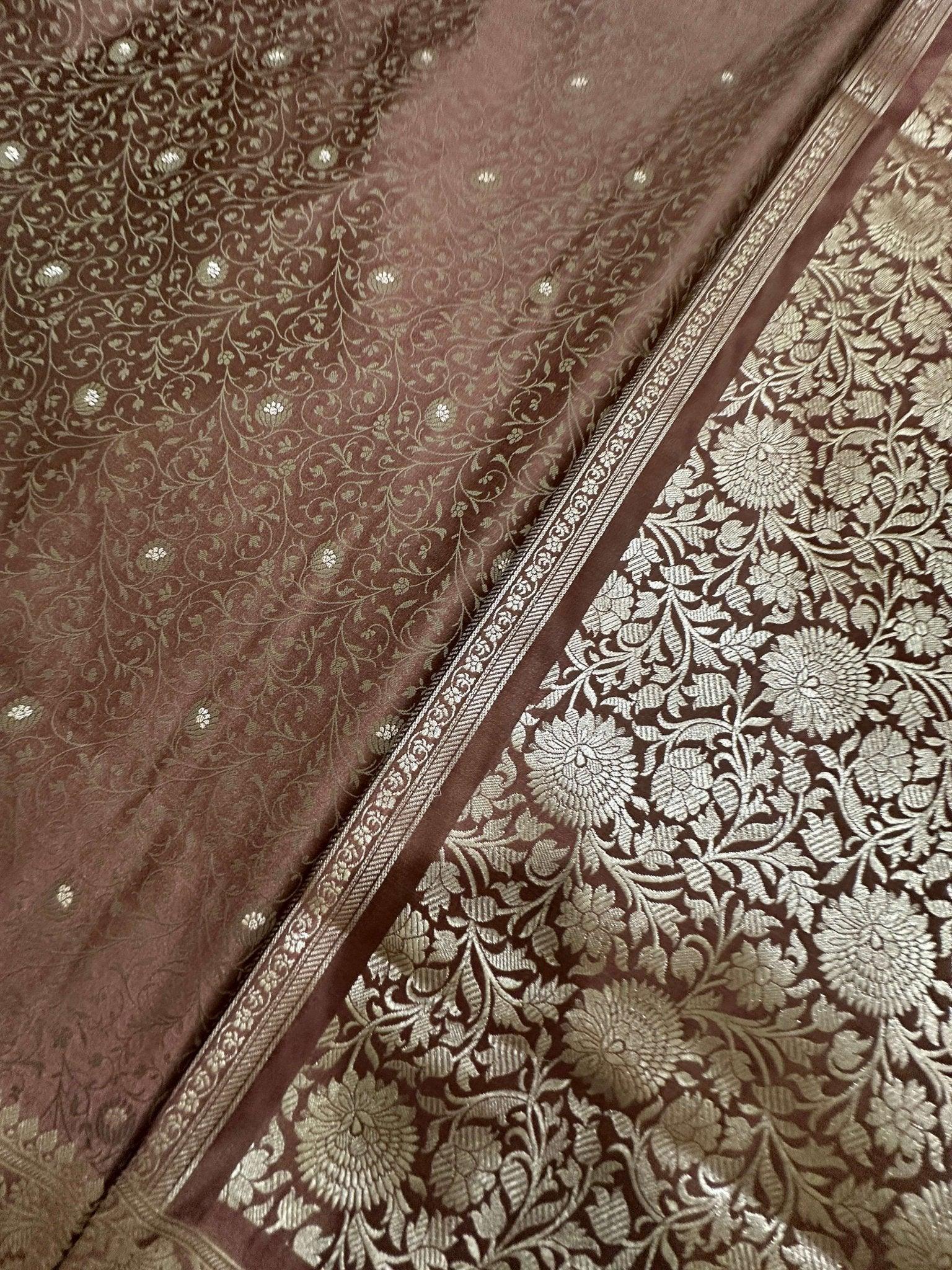 Timeless Charm Brown Mashru Silk Banarasi Saree with Zari Border & Brocade Aanchal - Katan Banaras