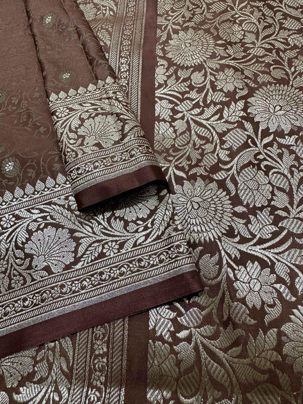 Timeless Charm Brown Mashru Silk Banarasi Saree with Zari Border & Brocade Aanchal - Katan Banaras