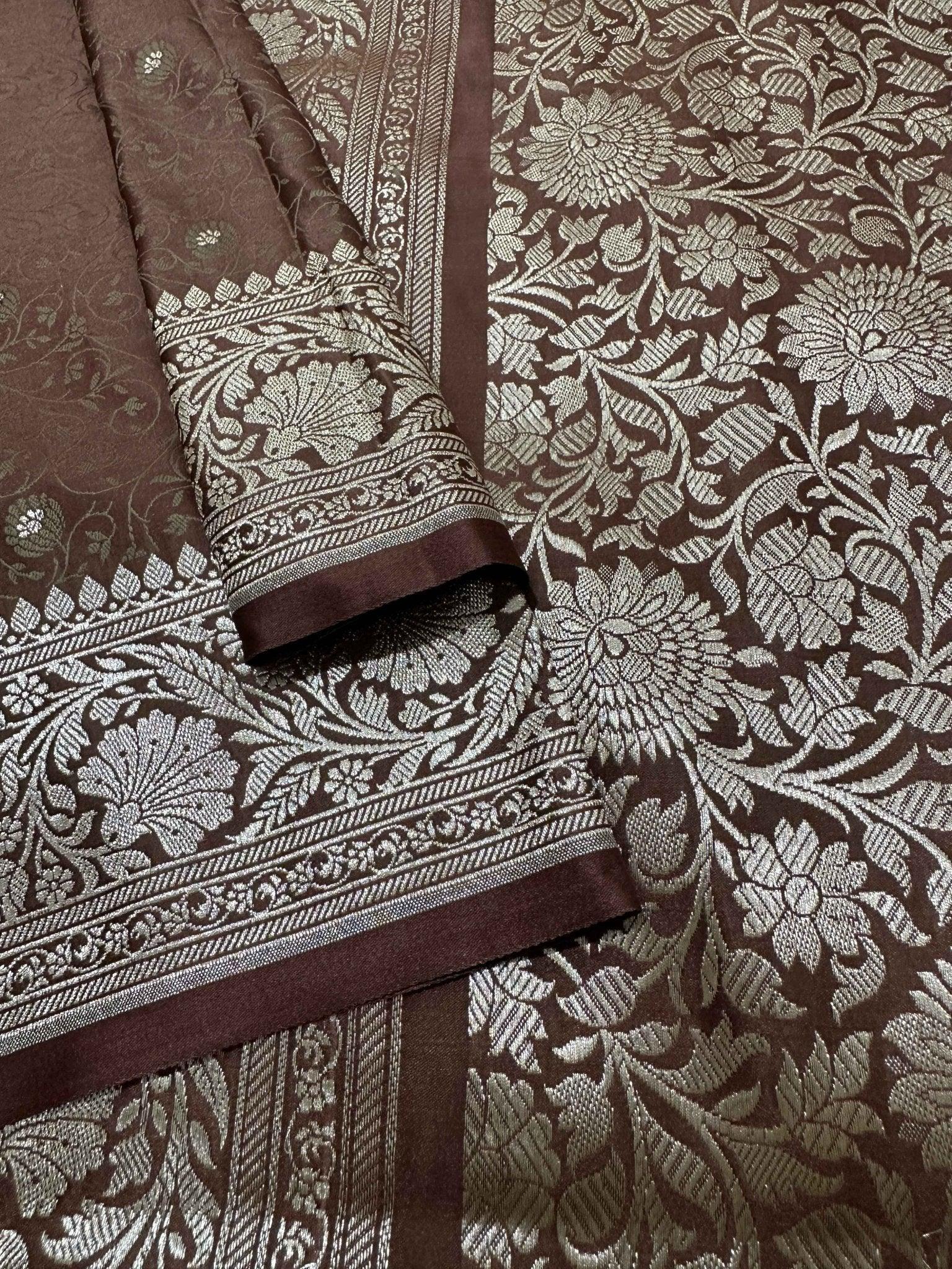 Timeless Charm Brown Mashru Silk Banarasi Saree with Zari Border & Brocade Aanchal - Katan Banaras