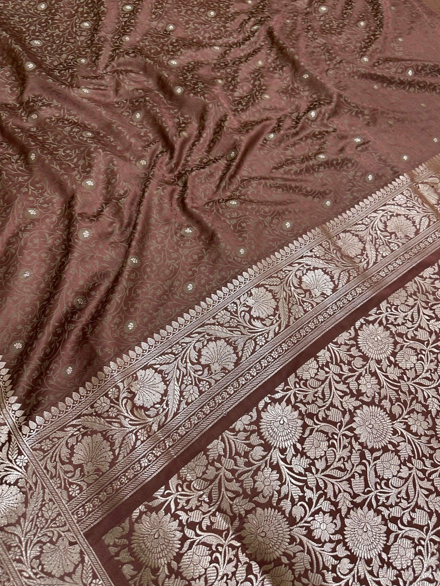 Timeless Charm Brown Mashru Silk Banarasi Saree with Zari Border & Brocade Aanchal - Katan Banaras
