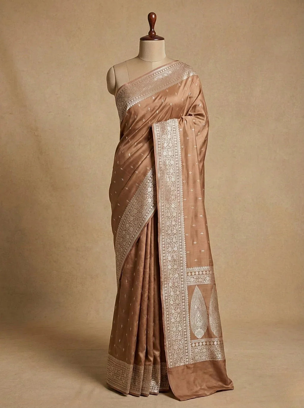 Brown Mashru Silk Zari Banarasi Border Aanchal Boota Booti Saree - Katan Banaras