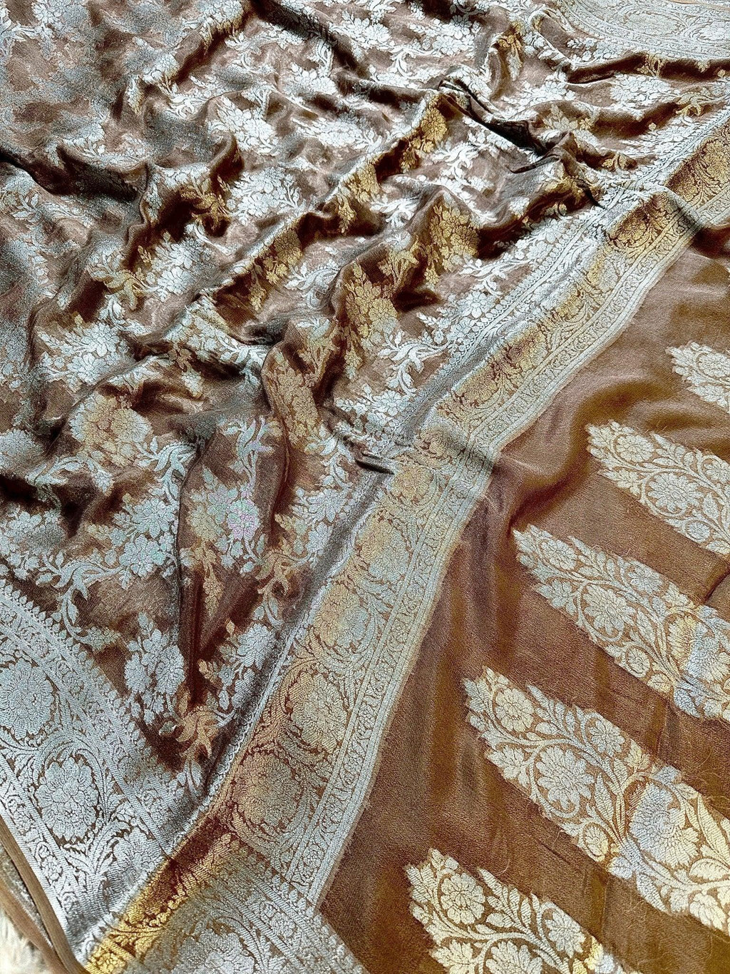 Brown Pure Chiffon Silk Banarasi Saree with Golden Zari Floral Jaal Design - Katan Banaras