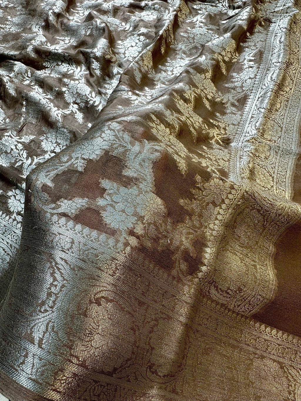 Brown Pure Chiffon Silk Banarasi Saree with Golden Zari Floral Jaal Design - Katan Banaras