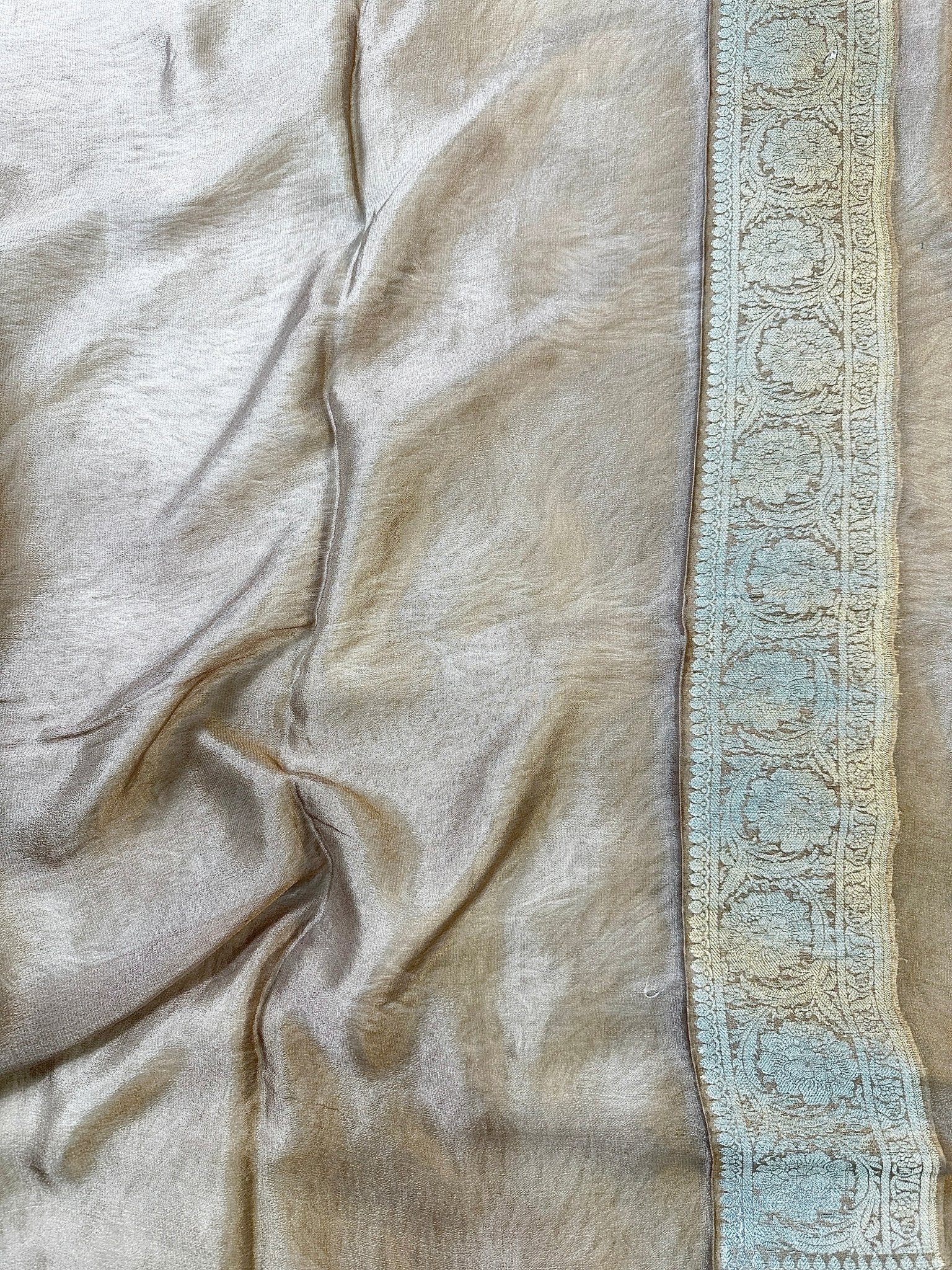 Brown Pure Chiffon Silk Banarasi Saree with Golden Zari Floral Jaal Design - Katan Banaras