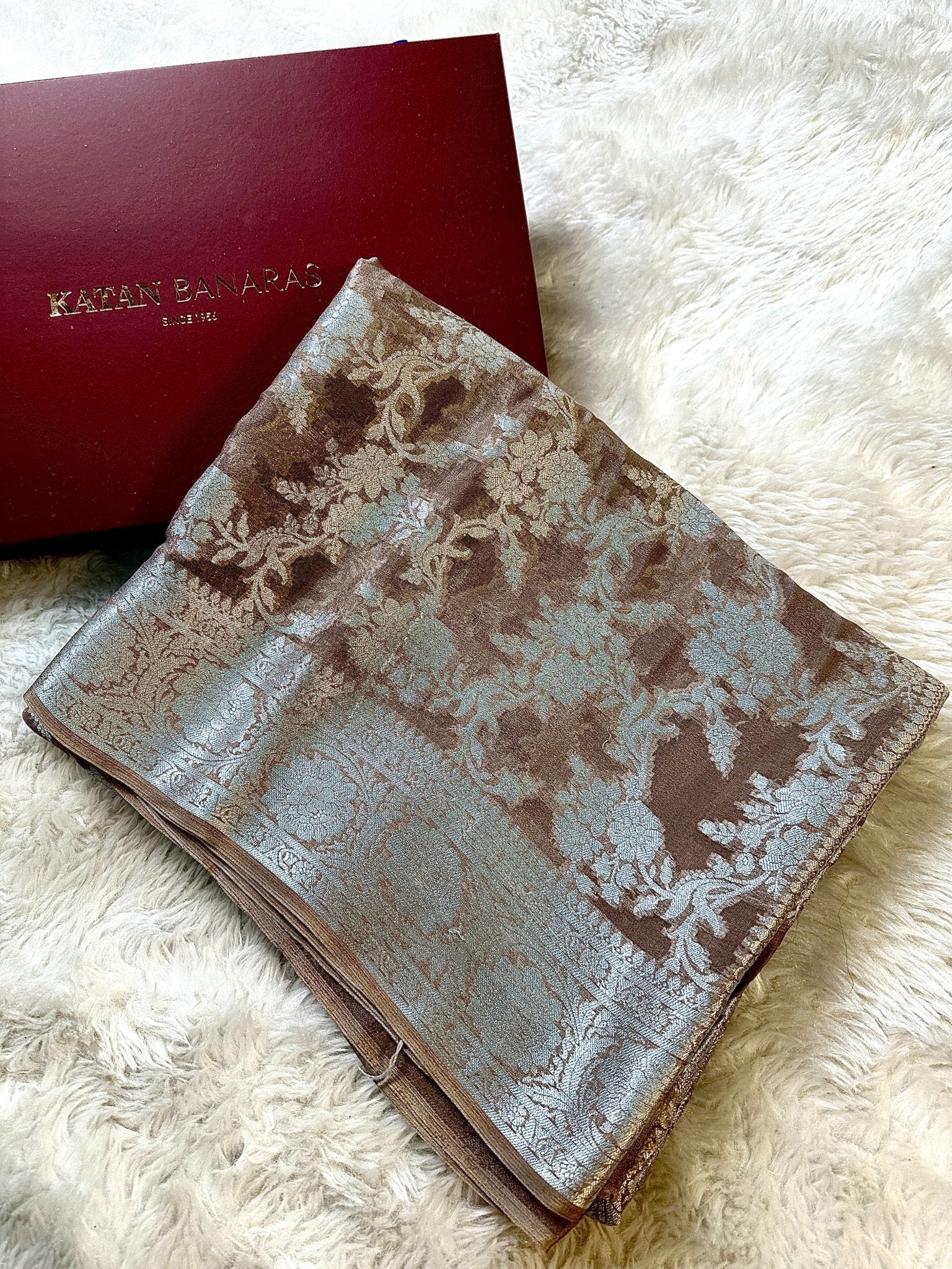 Brown Pure Chiffon Silk Banarasi Saree with Golden Zari Floral Jaal Design - Katan Banaras