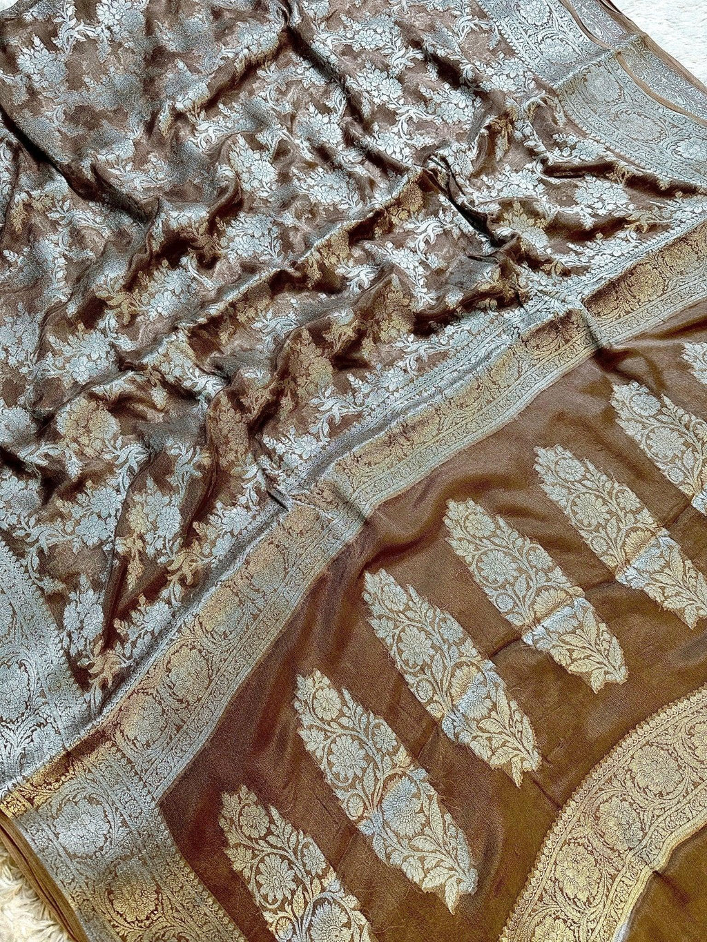 Brown Pure Chiffon Silk Banarasi Saree with Golden Zari Floral Jaal Design - Katan Banaras