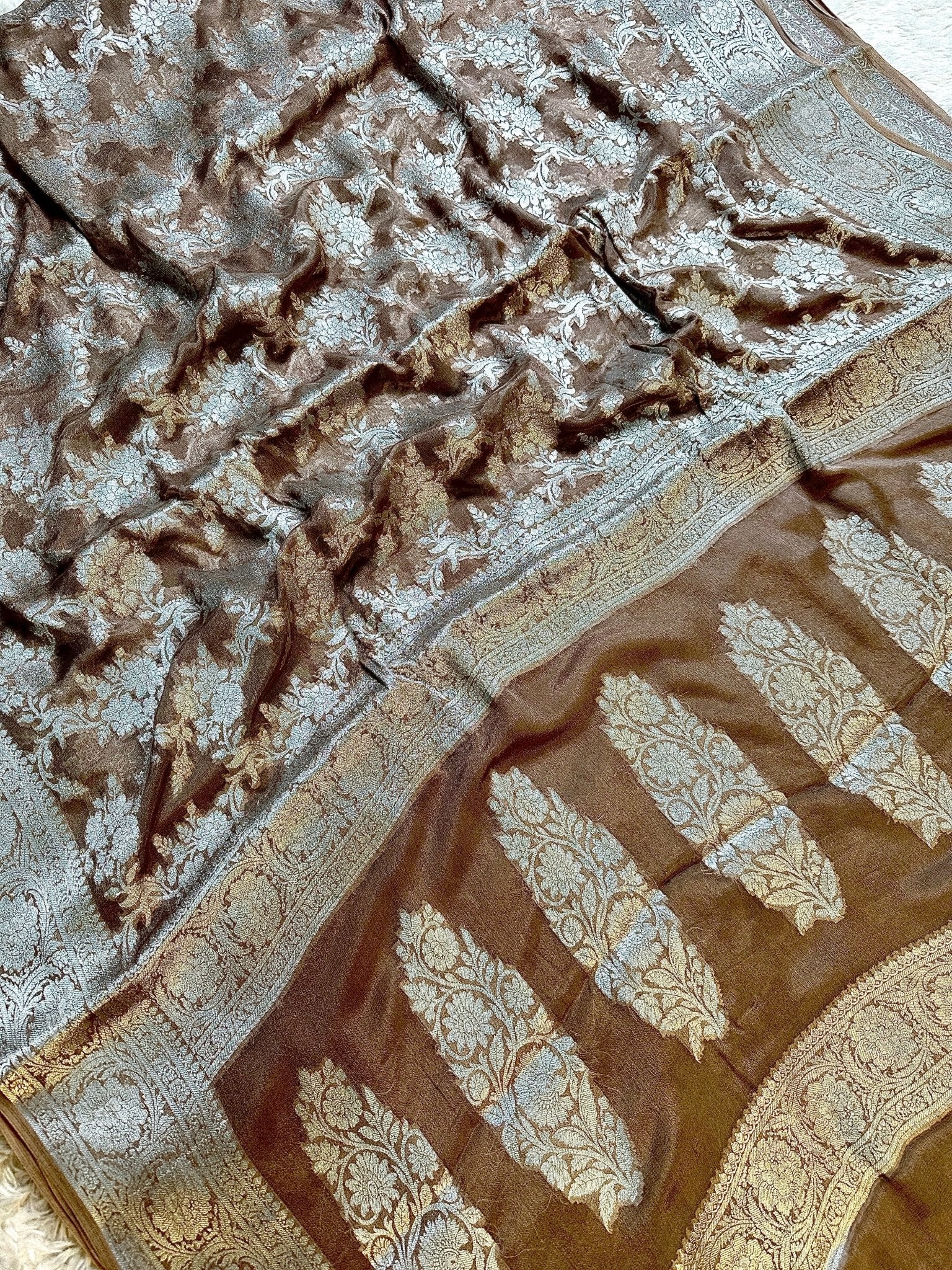 Brown Pure Chiffon Silk Banarasi Saree with Golden Zari Floral Jaal Design - Katan Banaras